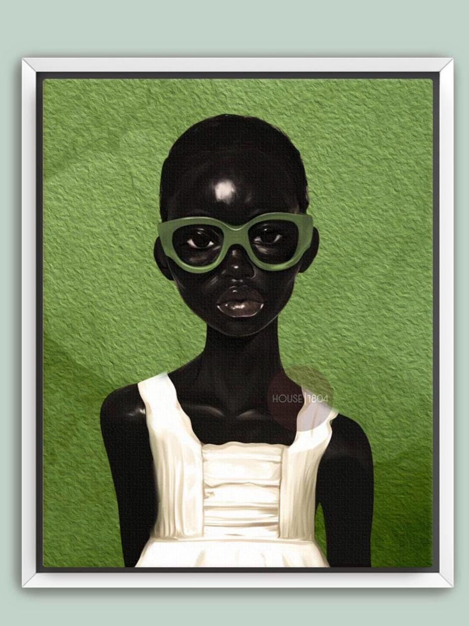 Framed canvas green abstract Black girl portrait wall art statement piece