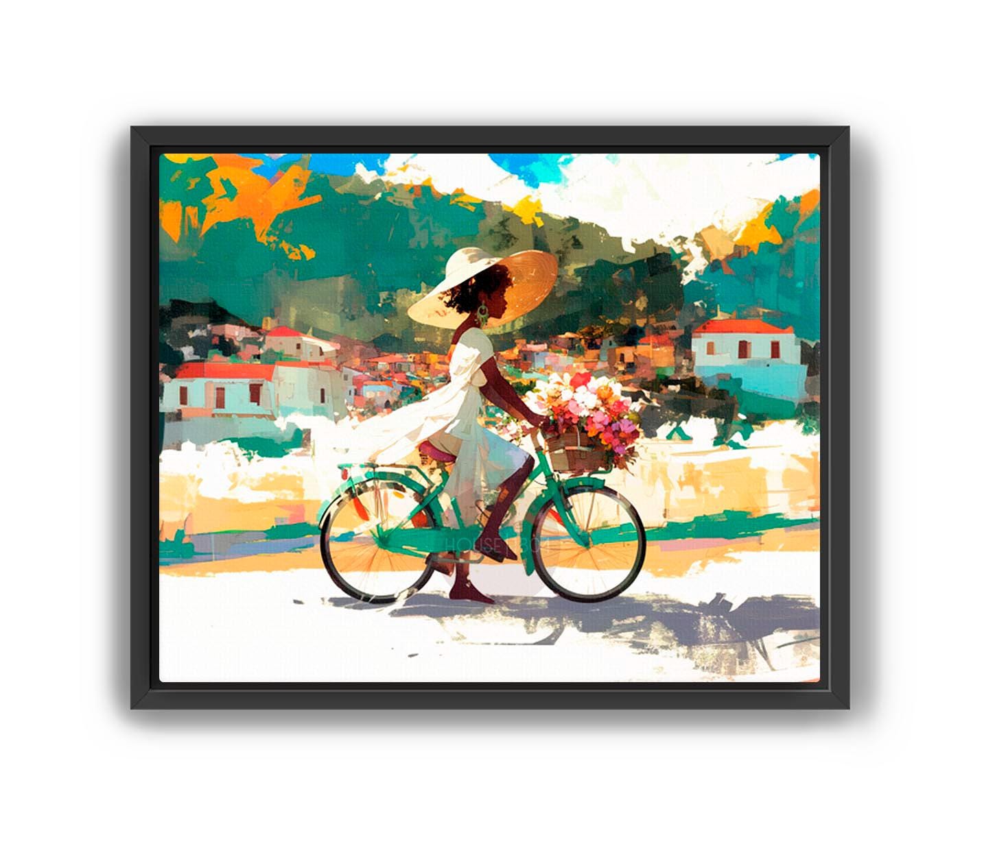 Black Woman Riding Bicycle Artwork, Caribbean Countryside Art