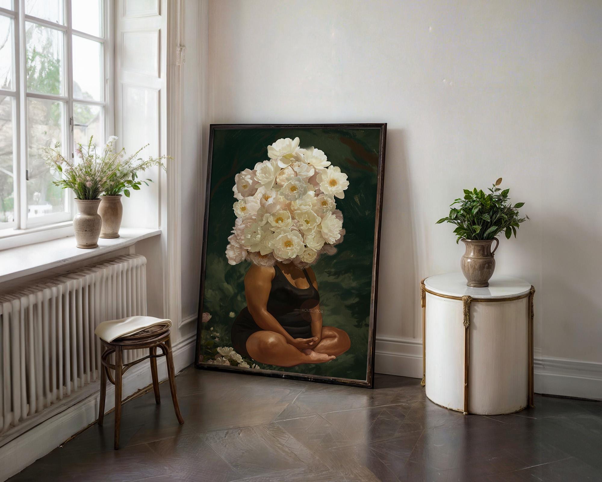 Curvy Black Woman Meditation: Meditative Wall Art Green