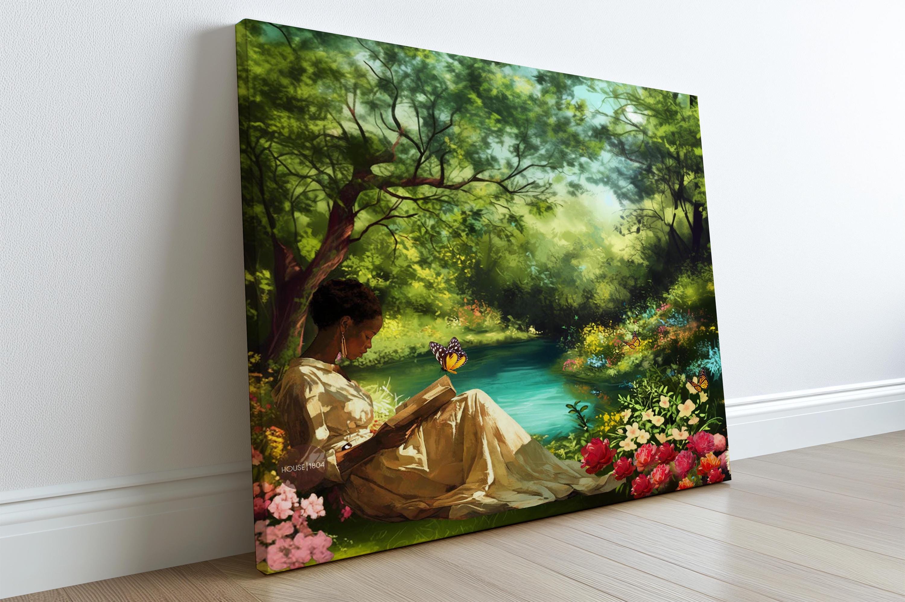 Black Woman Reading Book In Floral Garden Art Print: Vintage Garden Canvas
