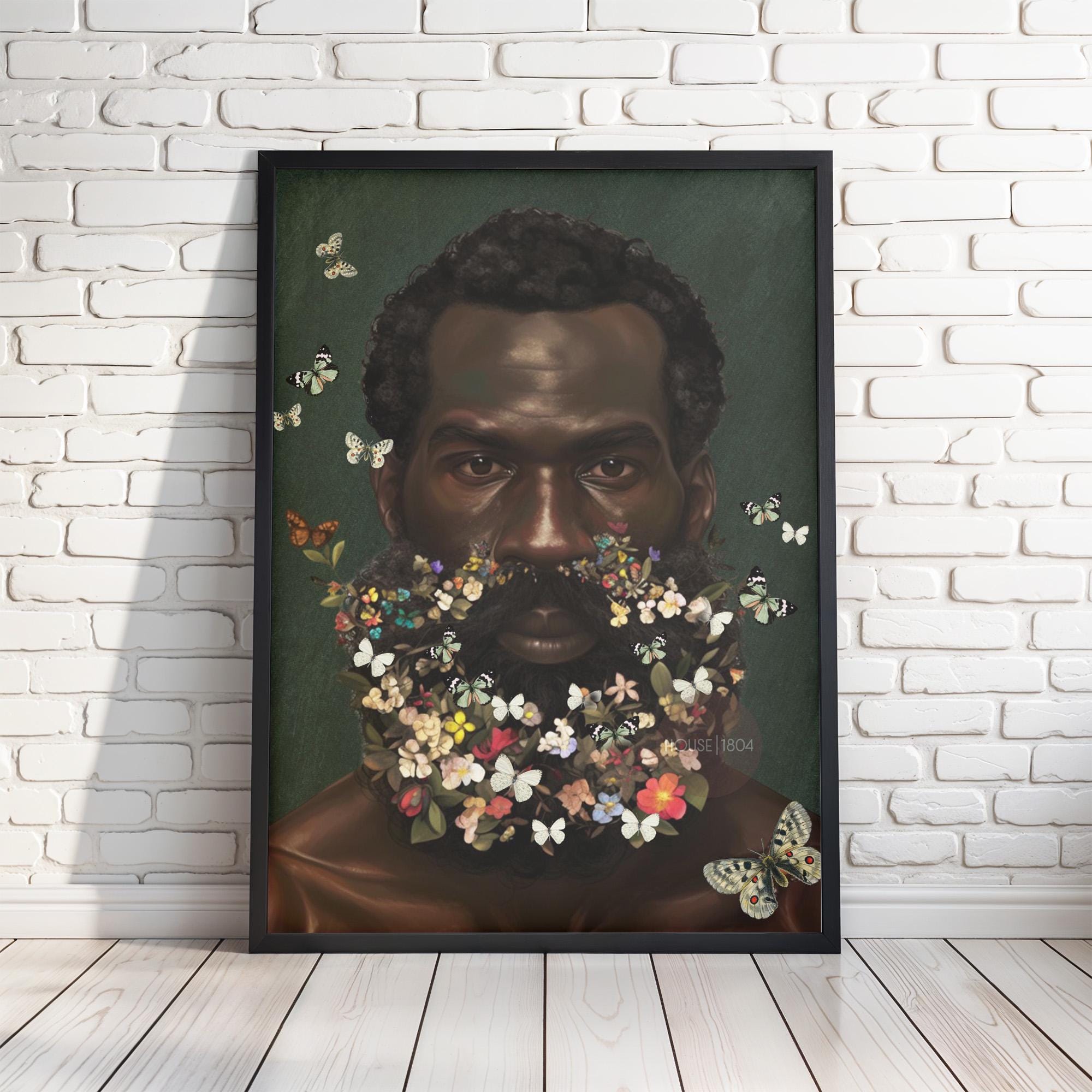 Floral Beard Art Print: Masculine Black Art, Melanin Home Decor