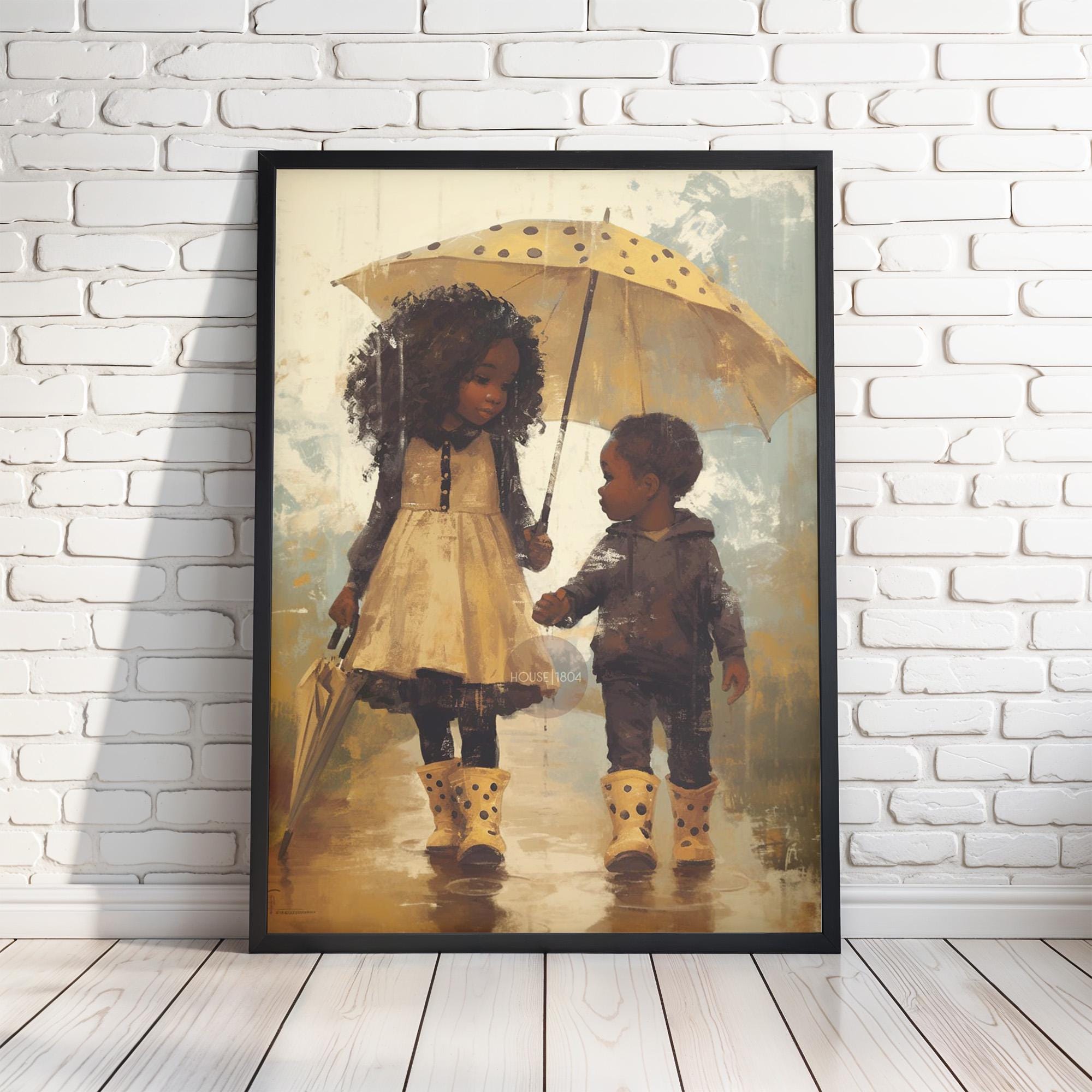 Black Sibling Art Print: Brother and Sister in Rain