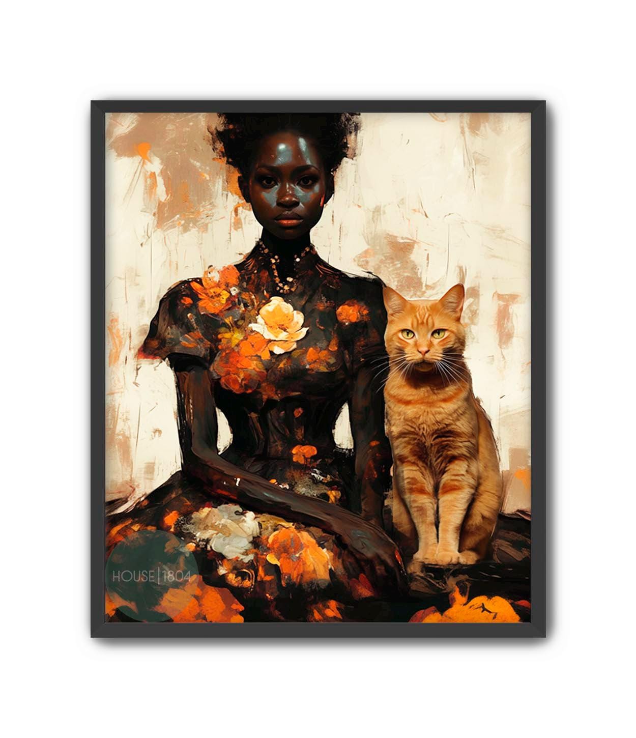 Abstract Black Woman Art, Black Woman Flower Art, Black Woman Cat Lady, Lady with Cat Art, Ginger Cat Art, Black People Pet, Orange Cat Lady