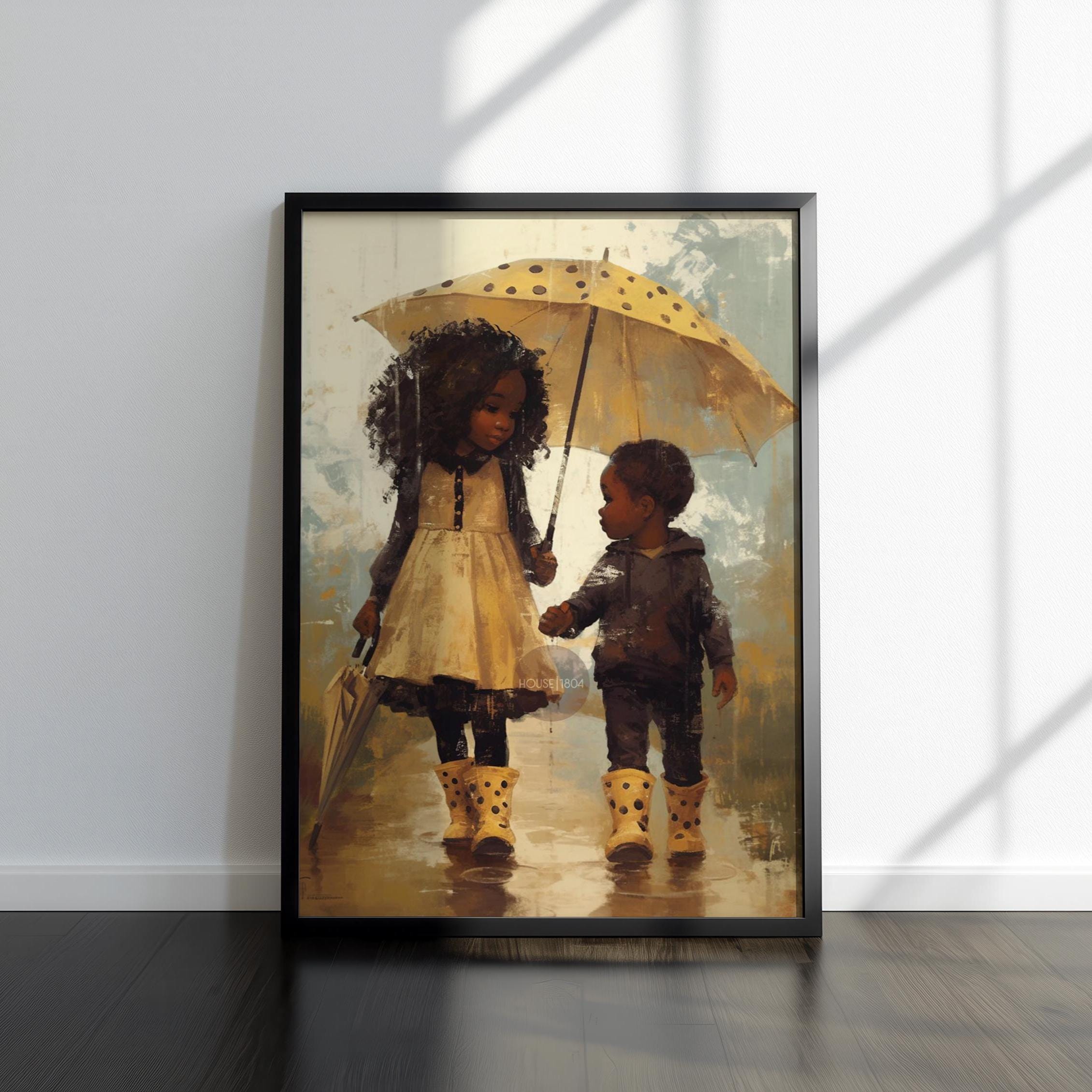 Black Sibling Art Print: Brother and Sister in Rain