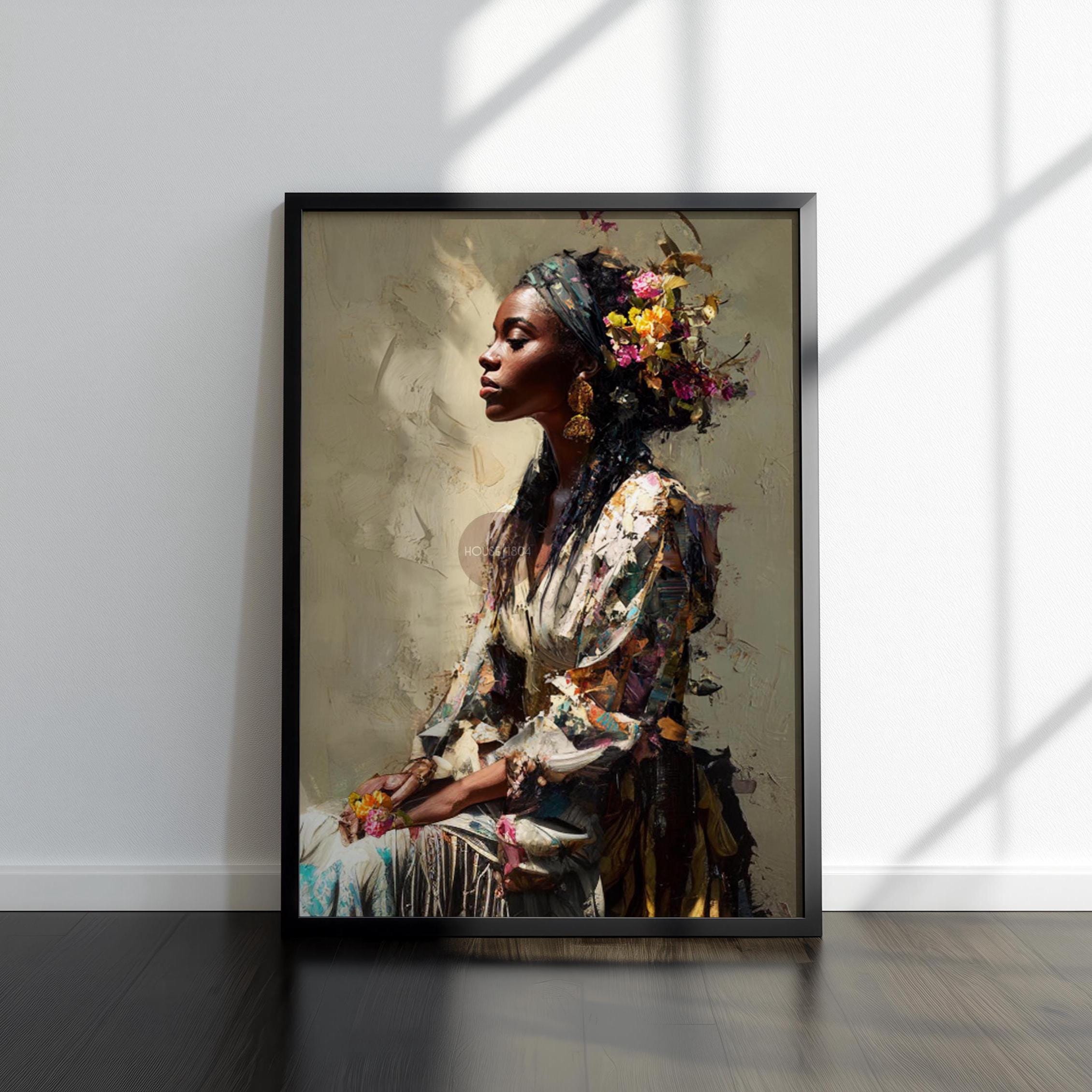 Black Woman Portrait Art Print: Modern African American Beige Background