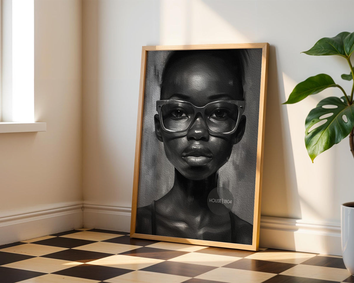 Black Woman Wall Art, Quirky Glasses Canvas Print Black White Art
