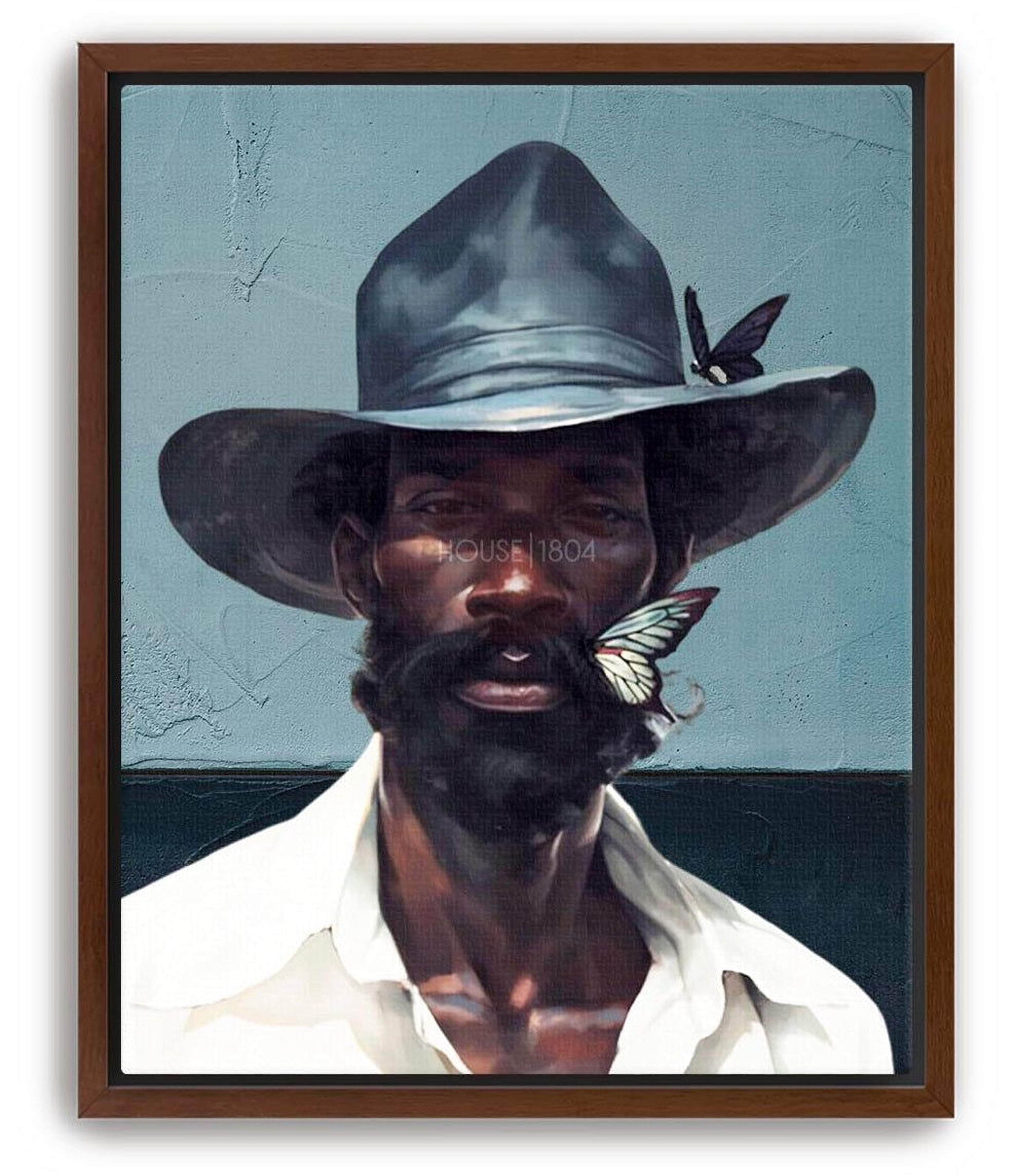 A portrait of a man wearing a cowboy hat with a butterfly resting on his chin. Various blues in the background and on the hat and on the butterfly hence the title Black Man Blues. Brown framed canvas portrait.