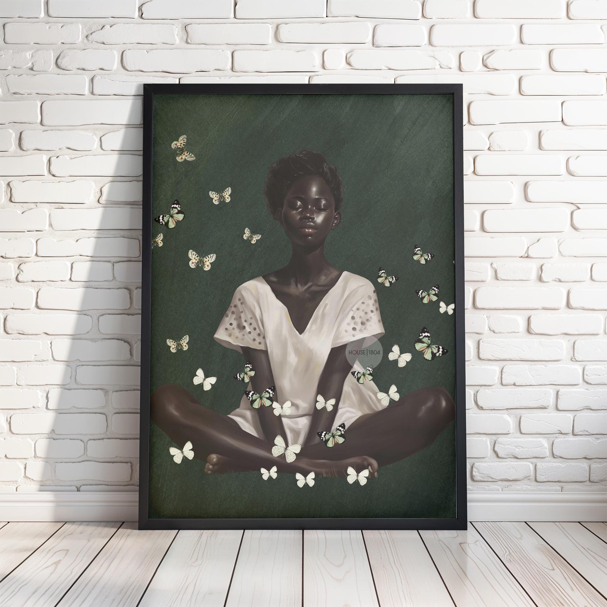 Black Woman Wall Art – Deep Green Serene Art Print With White Butterfly Portrait