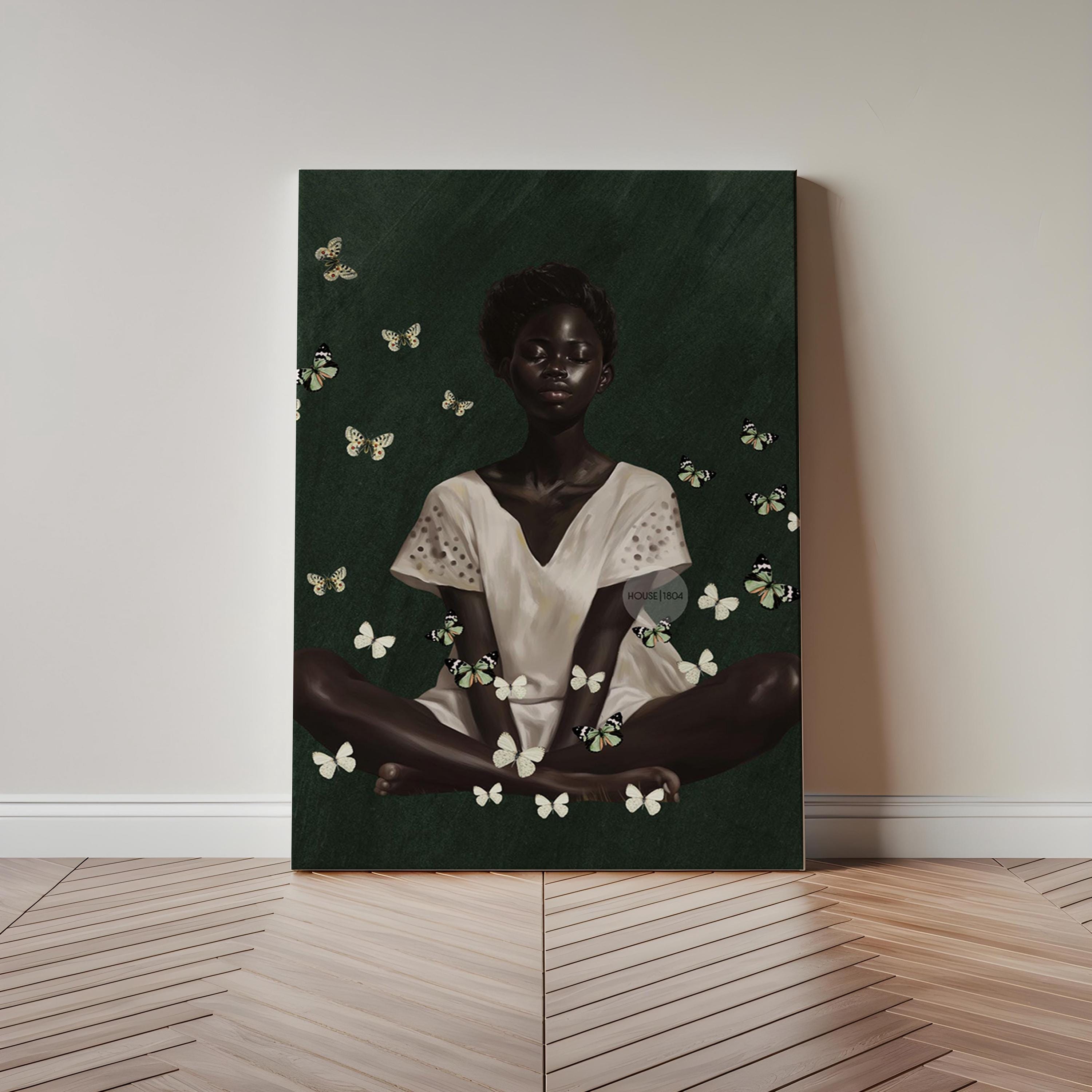 Black Woman Wall Art – Deep Green Serene Art Print With White Butterfly Portrait