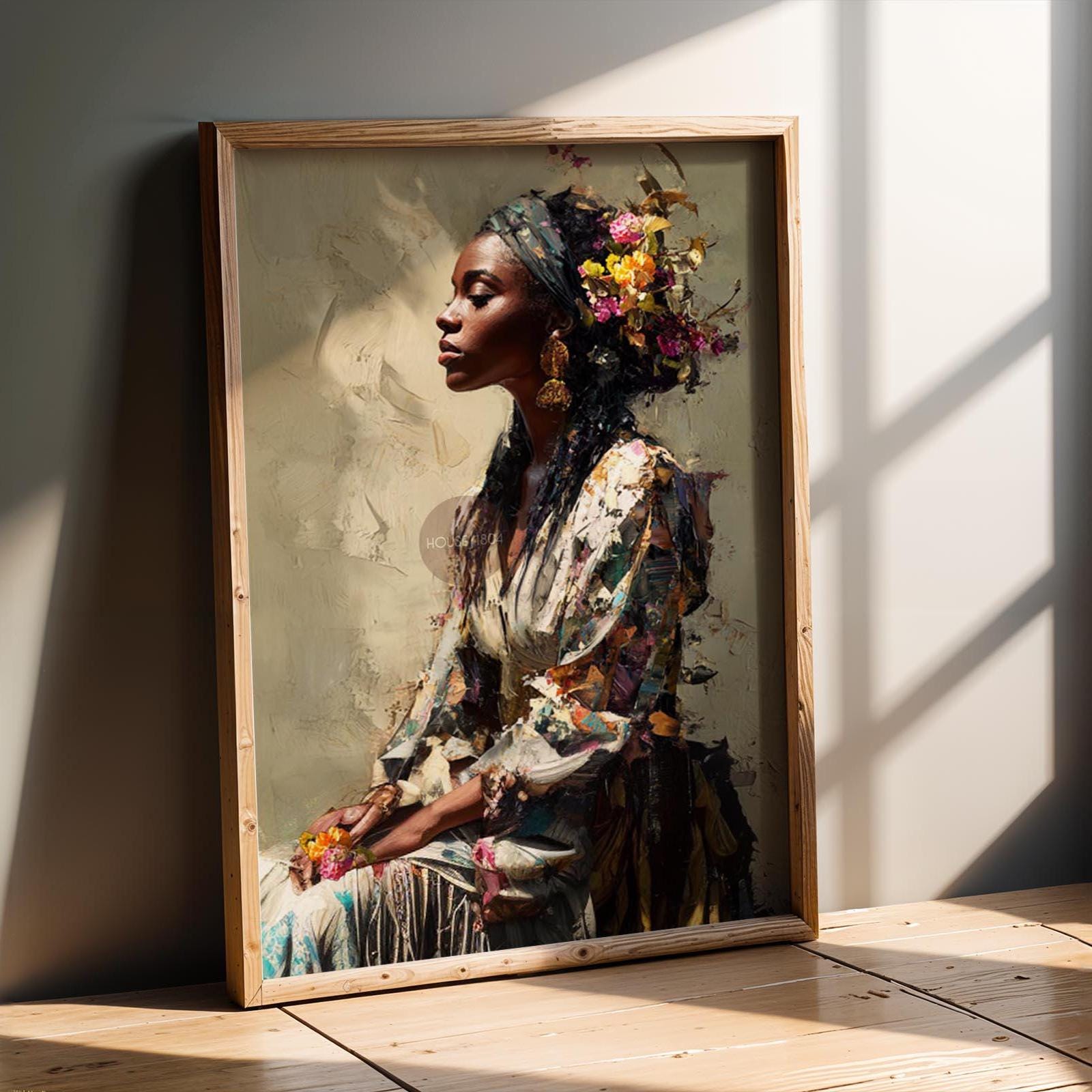 Black Woman Portrait Art Print: Modern African American Beige Background