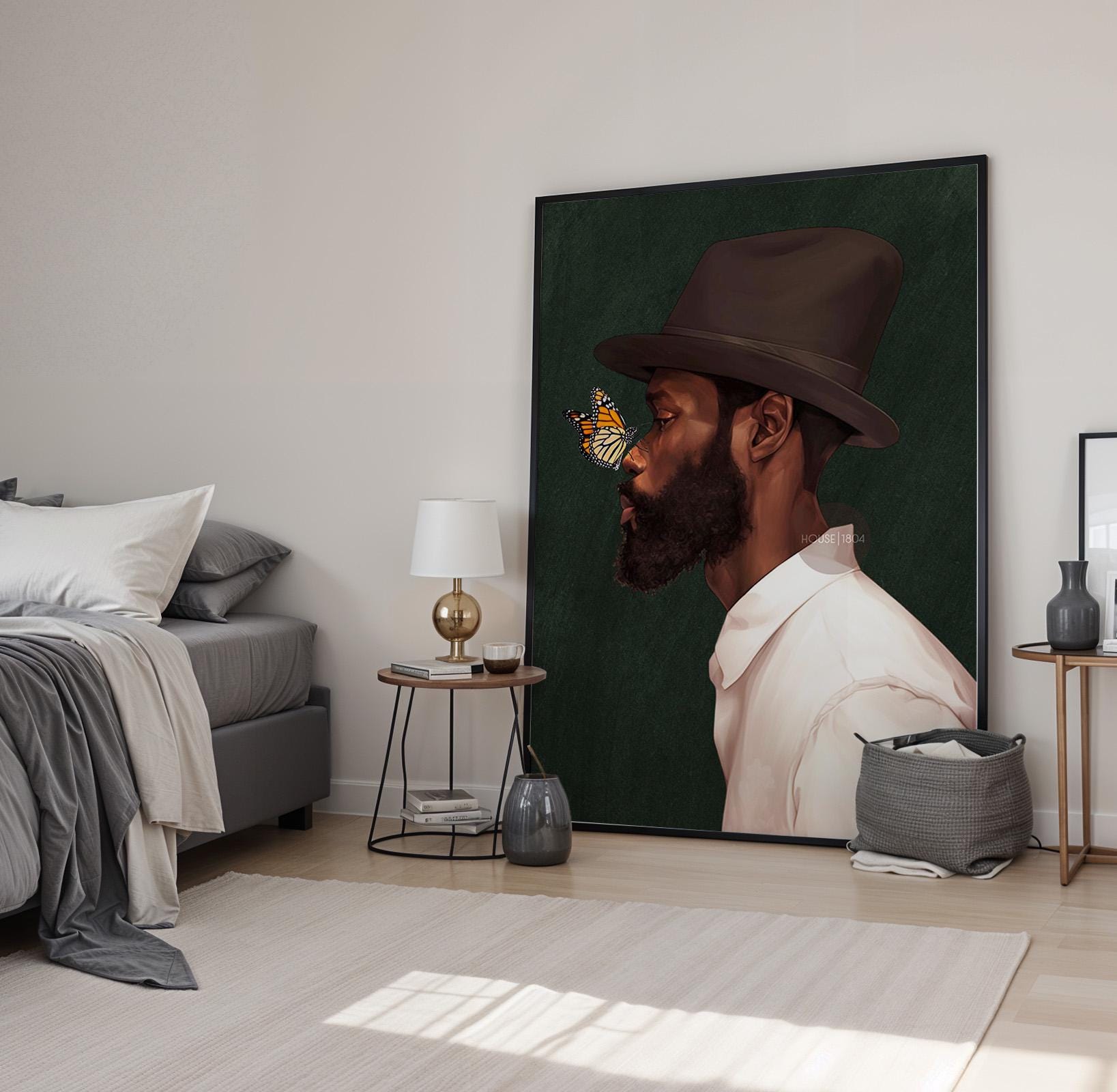 Black Man Side Top Hat Art Print: Butterfly, Afrocentric Green Art Decor