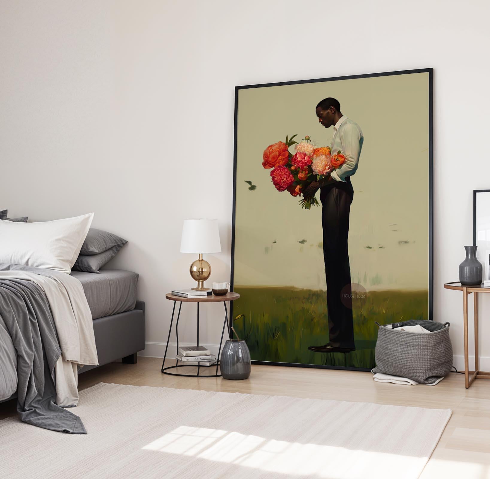 Black Man Flower Canvas Art Print: Floral Portrait Framed