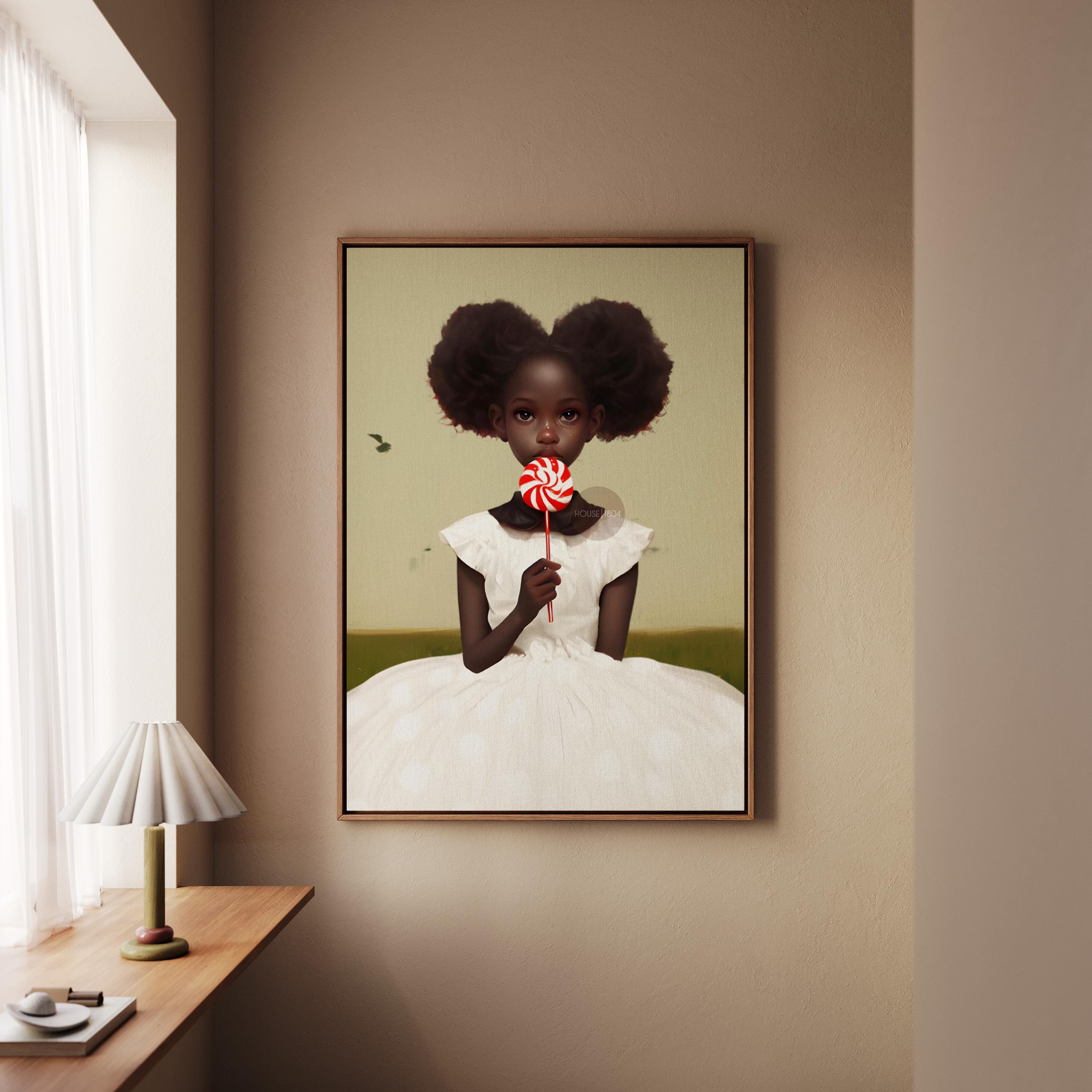 Little Black Girl Wall Art, Lollipop Art, Black Girl Princess Art
