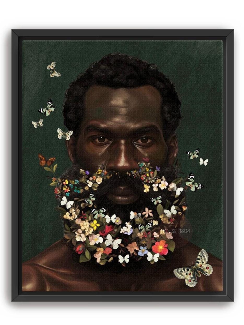 Floral Beard Art Print: Masculine Black Art, Melanin Home Decor