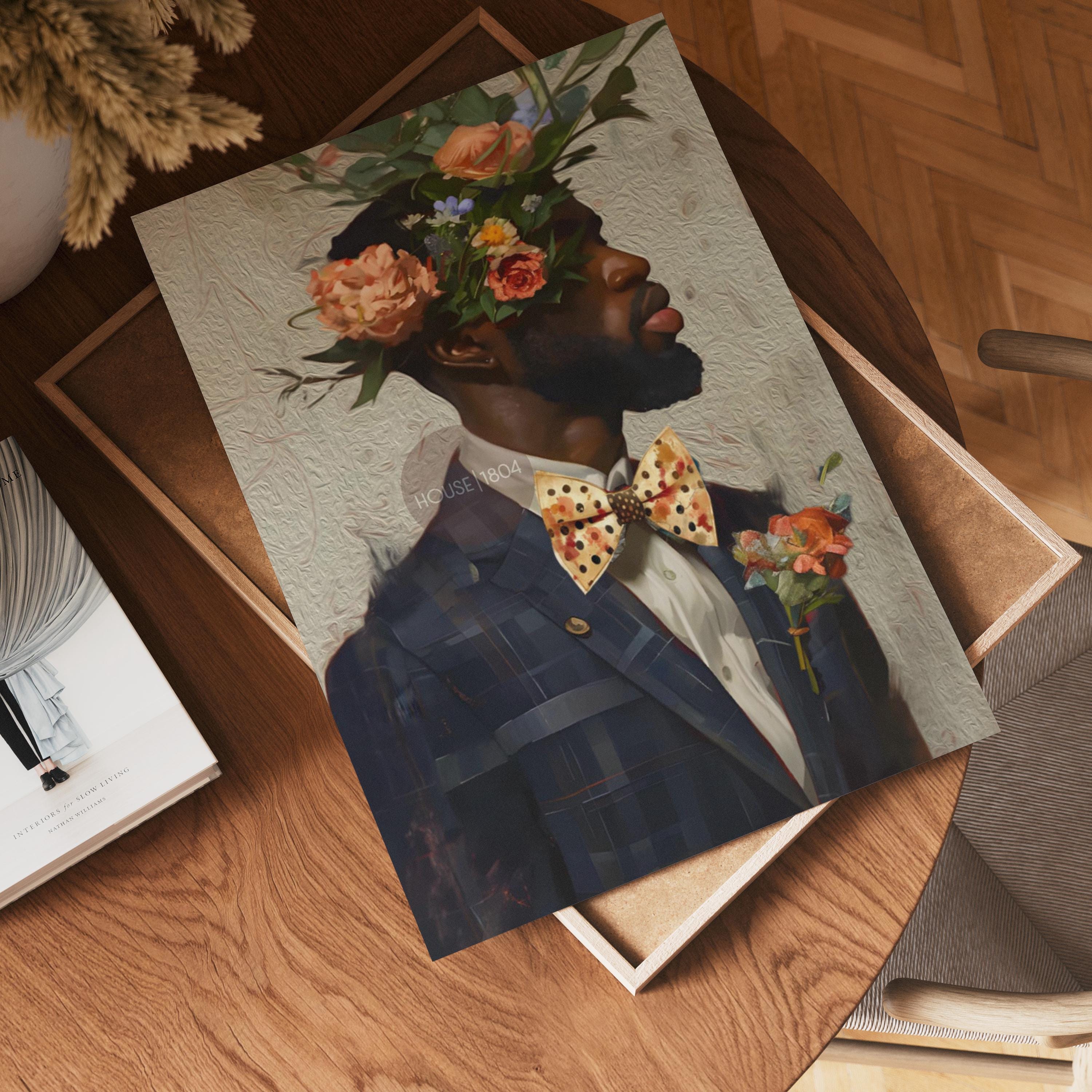 Black Man Suit Wall Art, Flower Beard Art, Vintage Portrait,