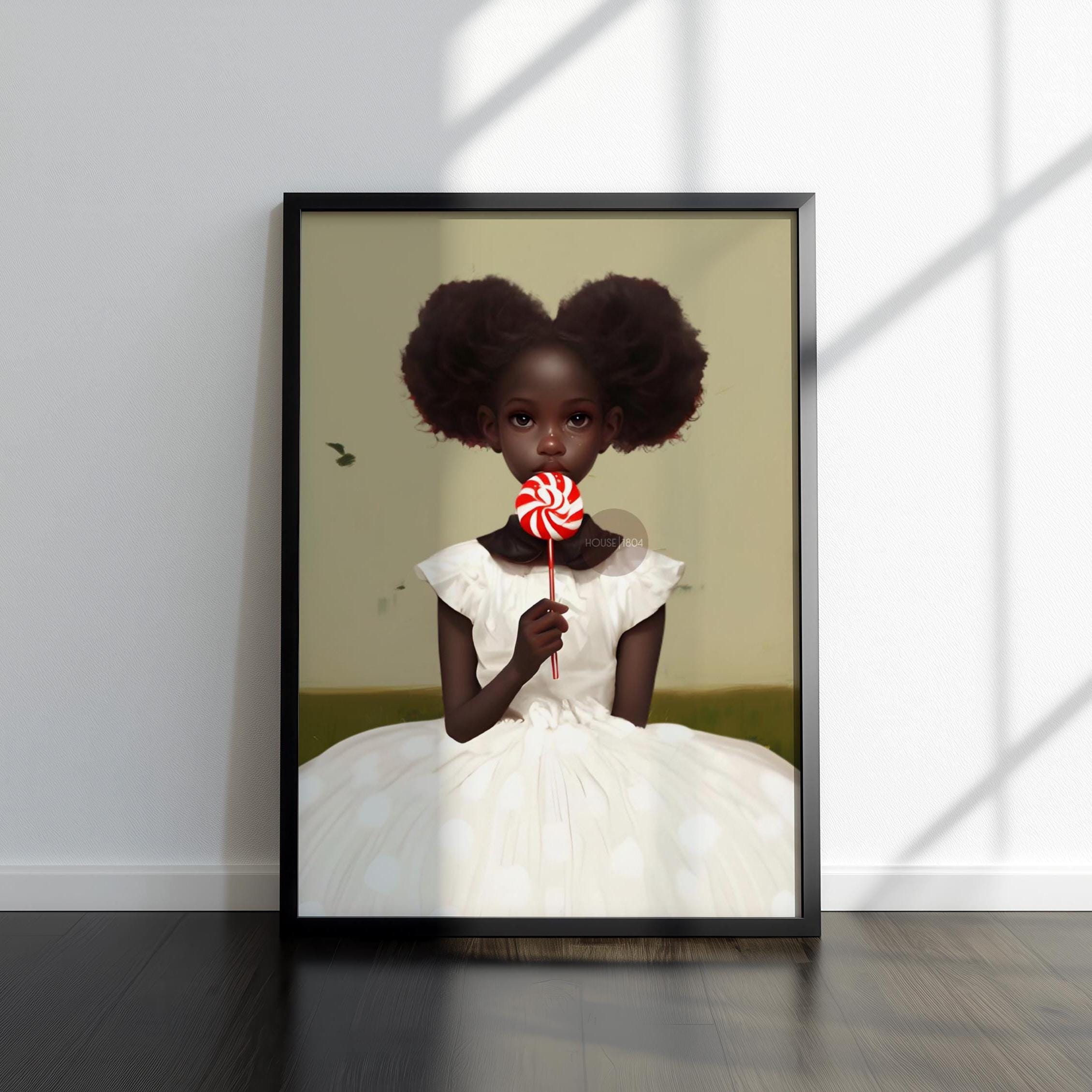 Little Black Girl Wall Art, Lollipop Art, Black Girl Princess Art