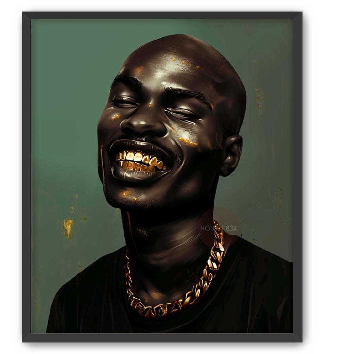 Bald Black Man Art Print: Gold Grillz, Urban African American Modern Art