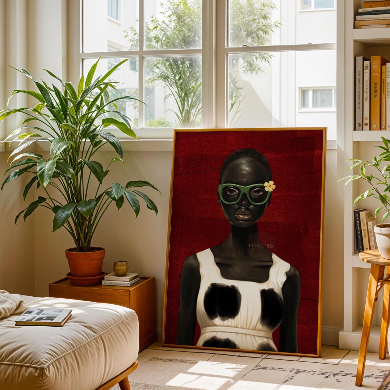 Bold Afrocentric Woman Art Print: Red, Black, White Decor