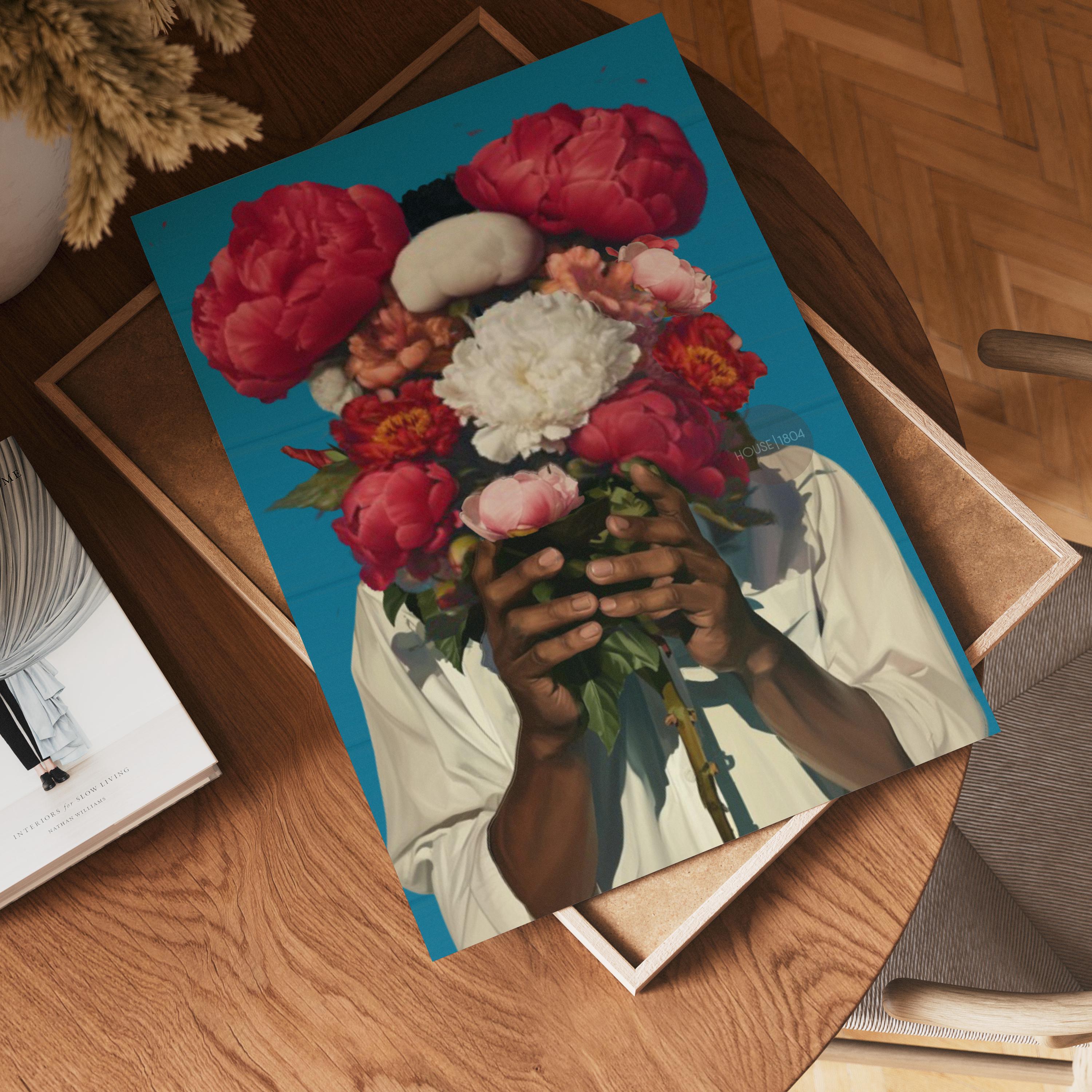 Abstract Floral Portrait Art Print: Black Man Holding Flowers