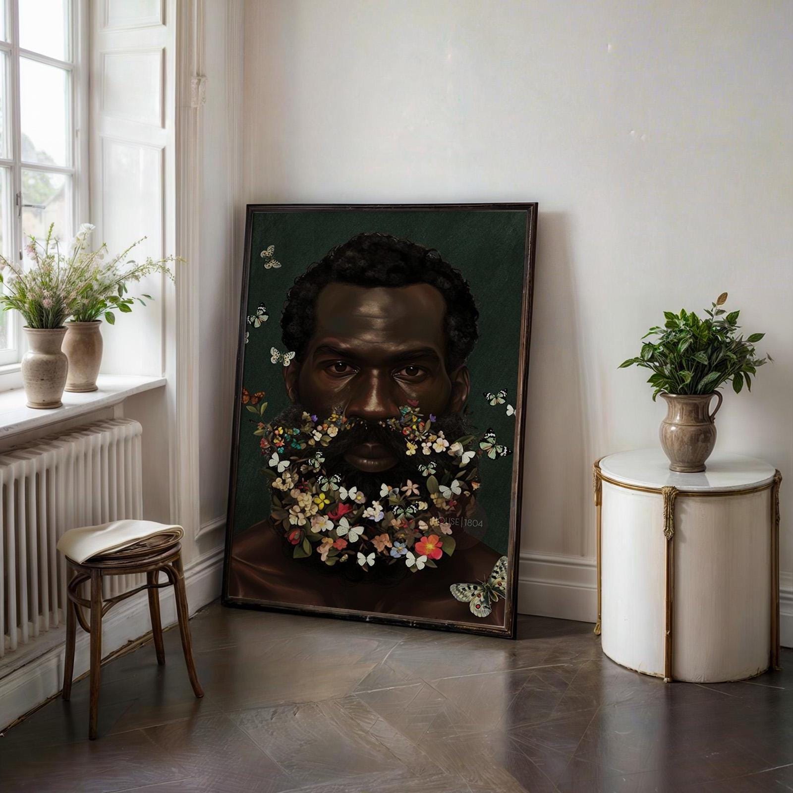 Floral Beard Art Print: Masculine Black Art, Melanin Home Decor