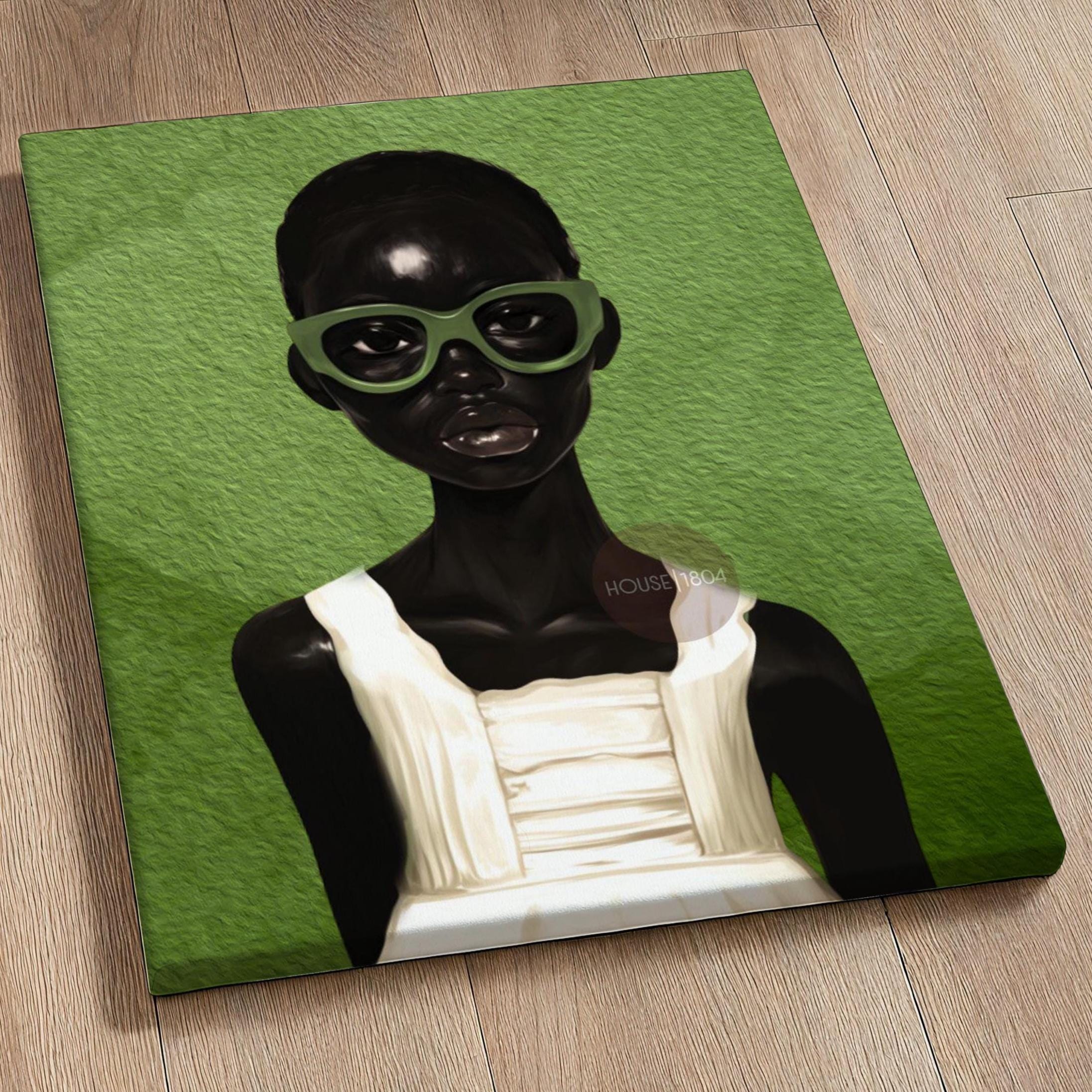 Green boho Black girl portrait canvas wall decor for home office