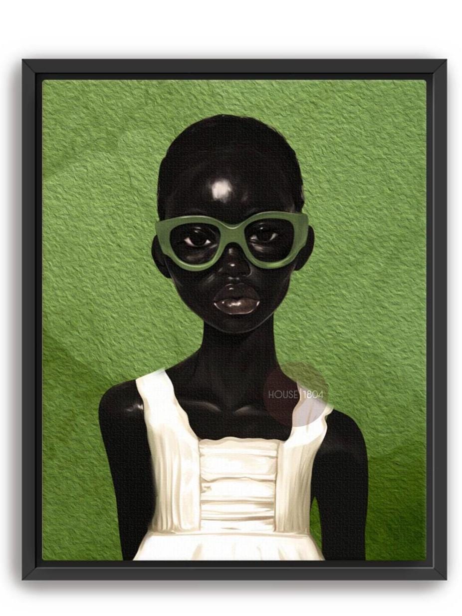 Modern Afrocentric abstract Black girl portrait green wall art print