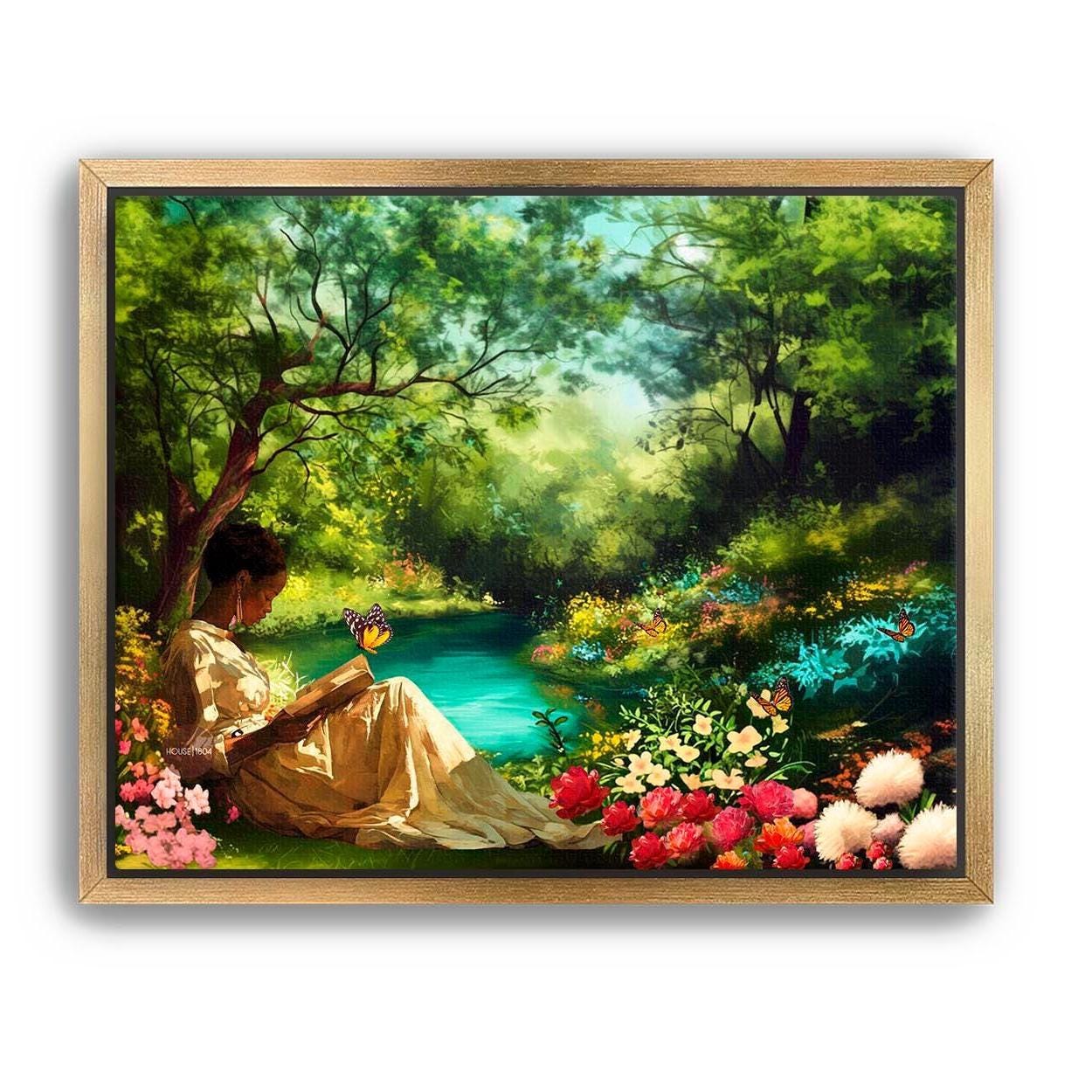 Black Woman Reading Book In Floral Garden Art Print: Vintage Garden Canvas
