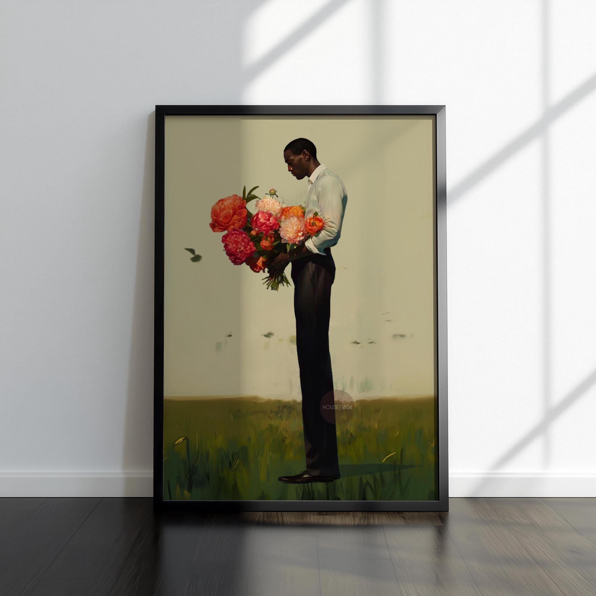 Black Man Flower Canvas Art Print: Floral Portrait Framed