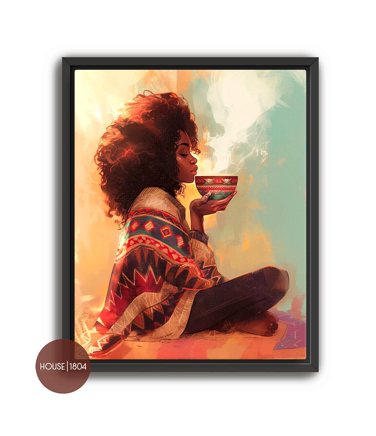 Black Woman Self care, Black Woman Tea Wall Art, Coffee Tea Lover Gift, Black Woman Relaxing Wall, Black Bohemian Art, Black Woman Wall Art