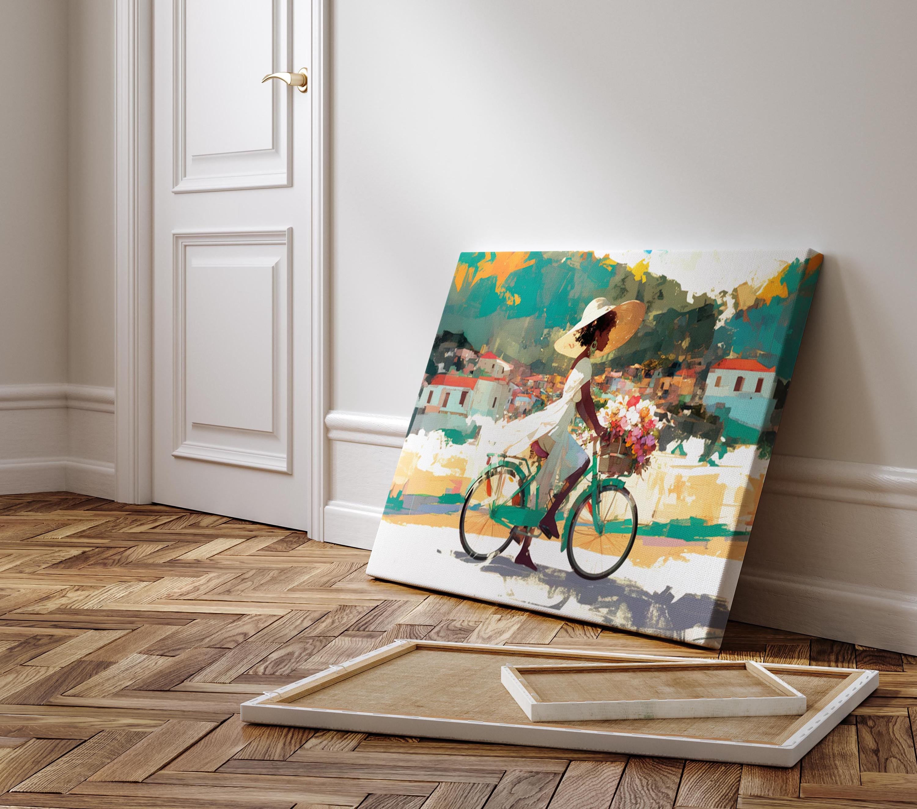 Black Woman Riding Bicycle Artwork, Caribbean Countryside Art
