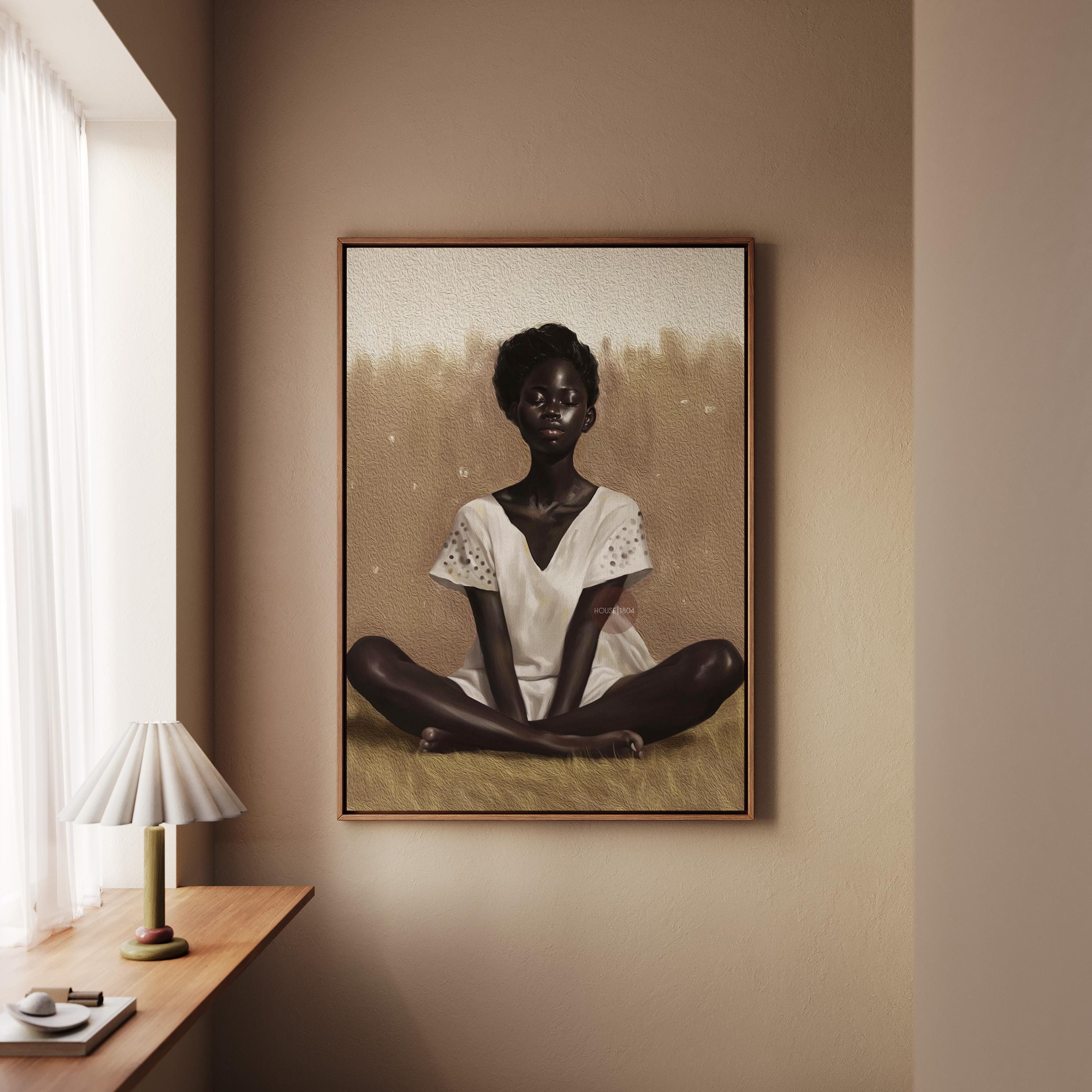 Black Woman Relaxing Wall Art – Afrocentric Canvas, Melanin Decor, Beige Luxury Print