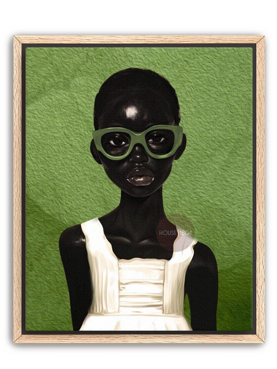 Framed canvas green abstract Black girl portrait wall art statement piece