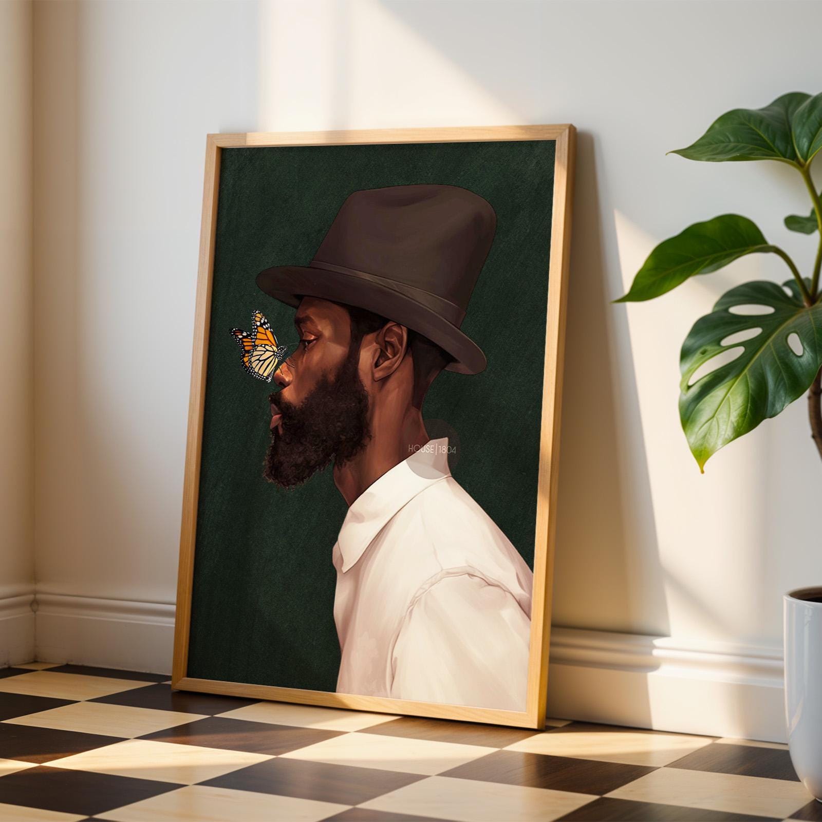 Black Man Side Top Hat Art Print: Butterfly, Afrocentric Green Art Decor