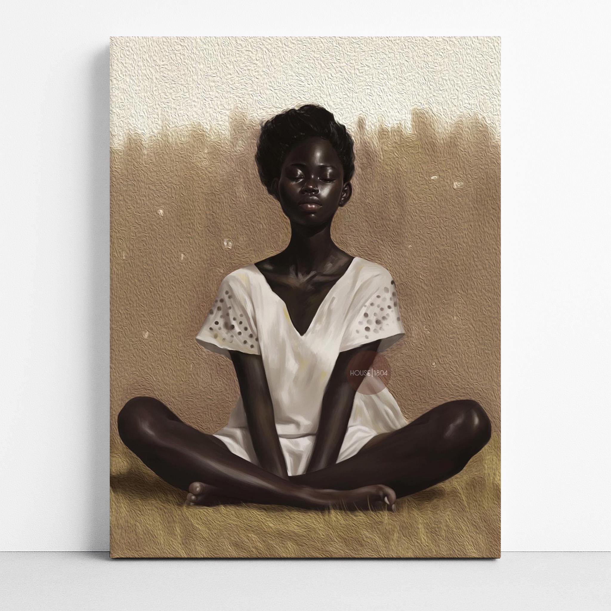 Black Woman Relaxing Wall Art – Afrocentric Canvas, Melanin Decor, Beige Luxury Print