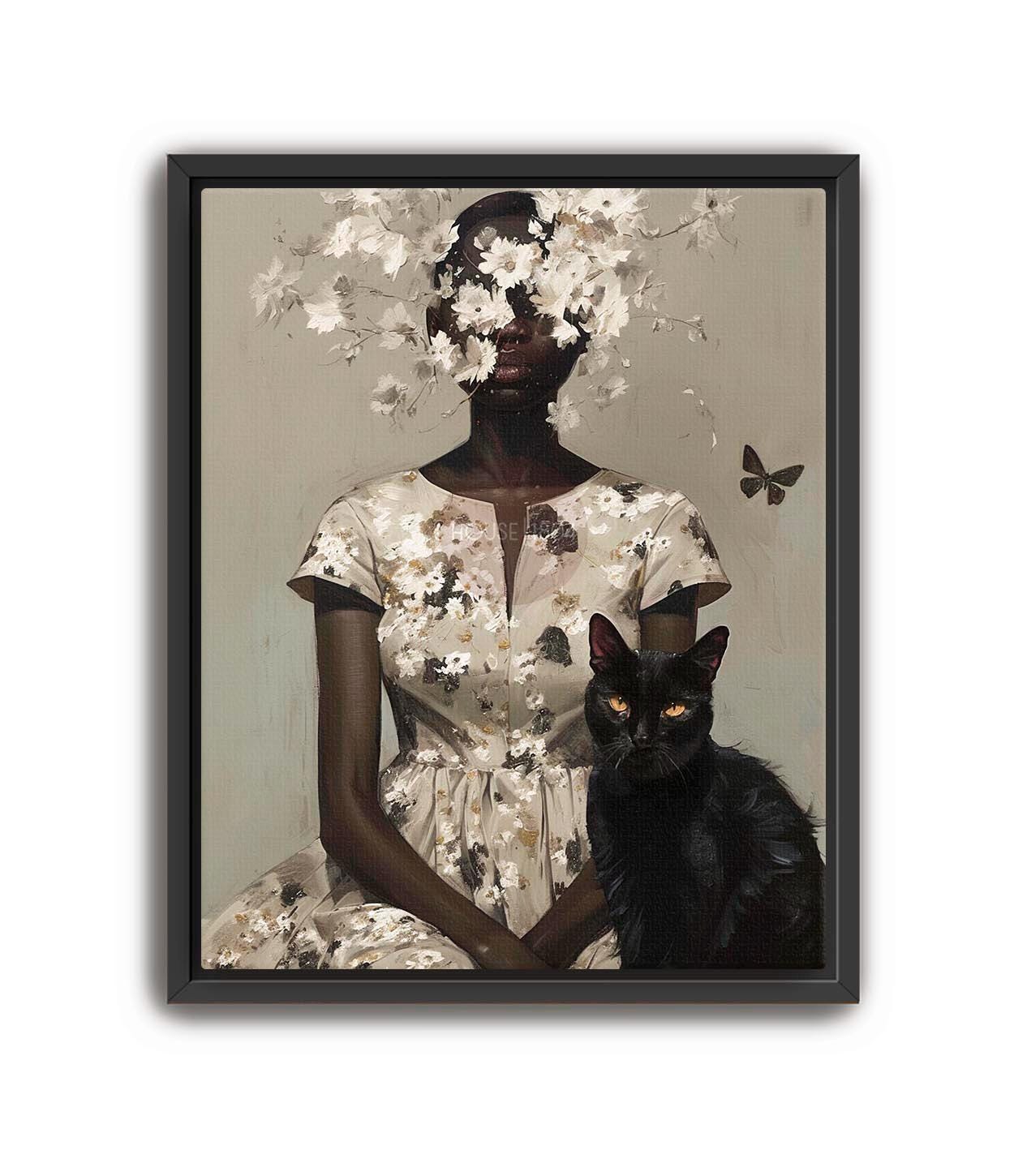 Black Woman and Cats, Black Woman Cat Lady, Black Cat Lady, Black People Pets, Lady with Cat Art, Abstract Black Woman Art, Cat Lady, Floral