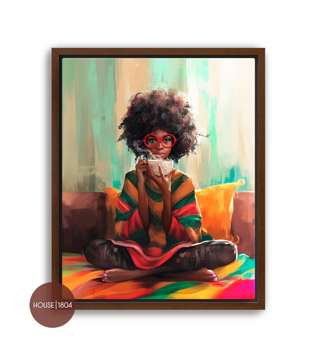 Black Woman Coffee Tea Wall Art, Girl with Coffee Poster, Afro Wall Art, Black Woman Print, Black Bohemian Art, Black Woman Wall Art