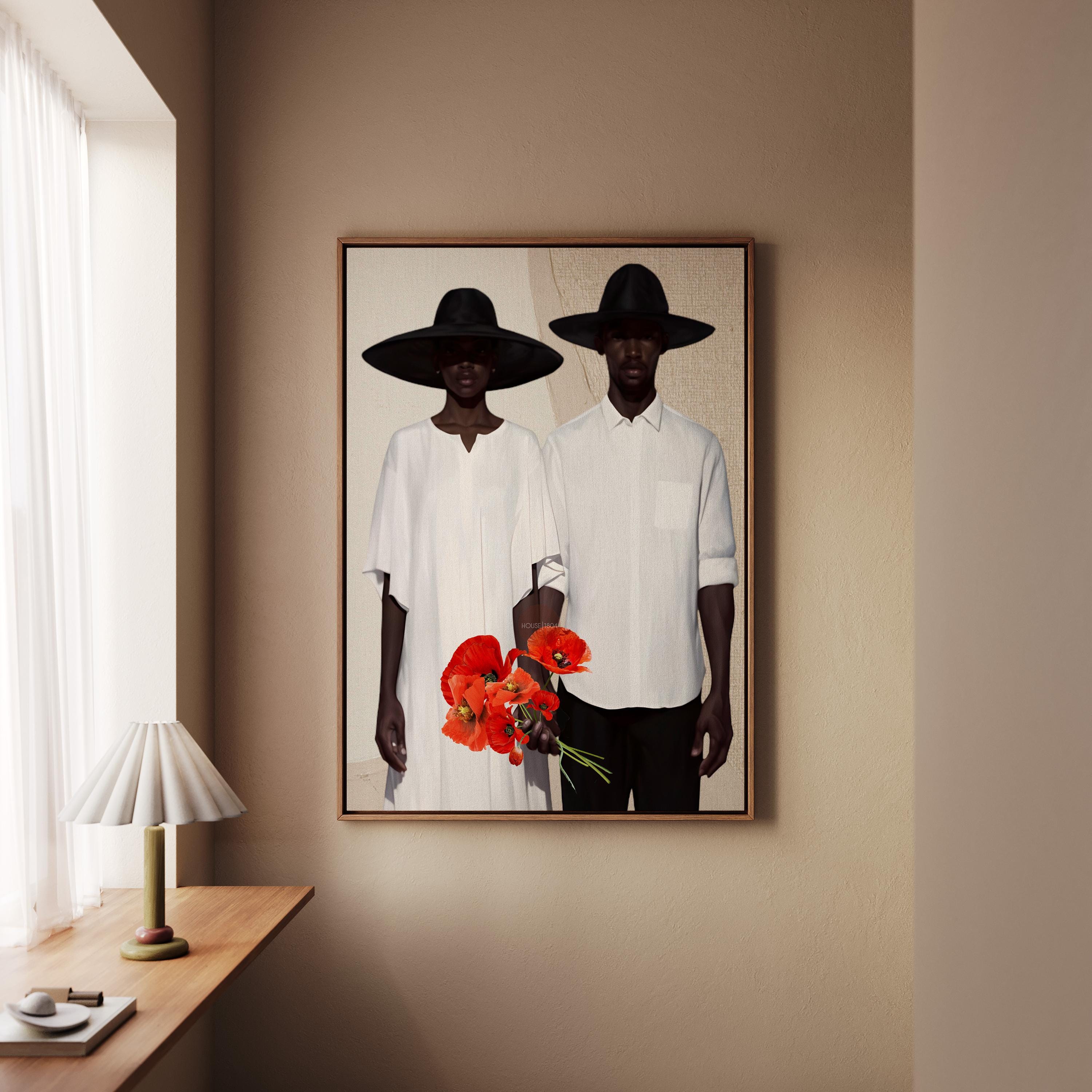 Afrocentric Couple Art Print: Black Love, Modern Poppies