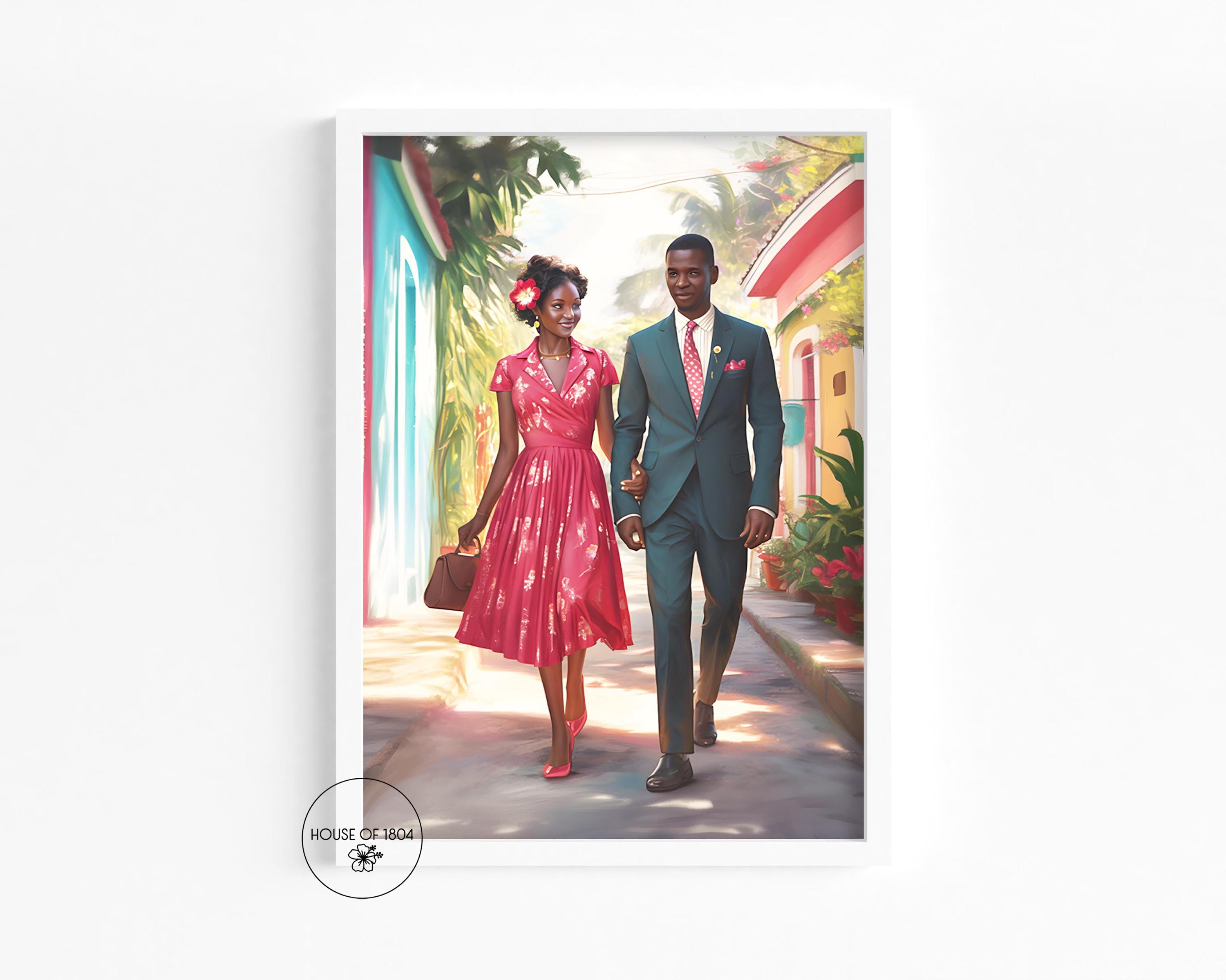 Sundays Best Dress Couple, Black Couple Art Print, Caribbean Man and Woman, Black Home Decor, African American Art Prints, Black Art Framed