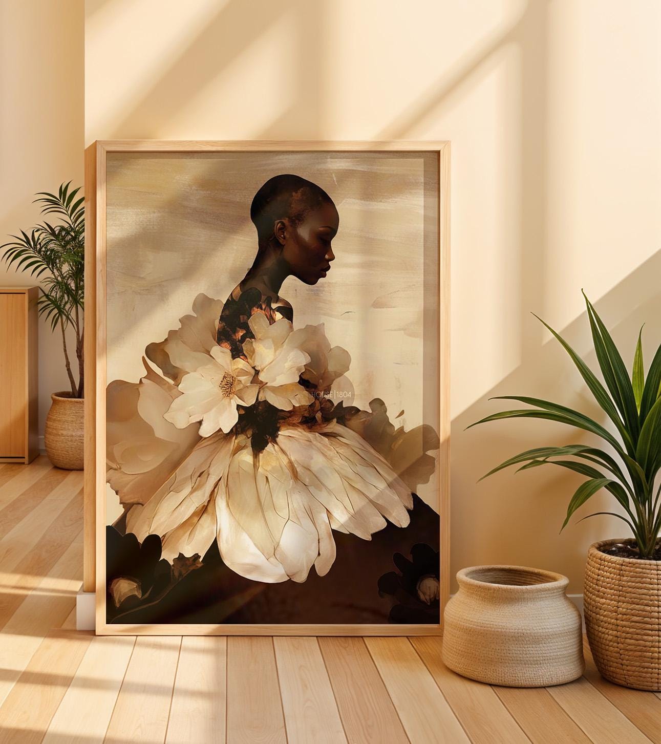 Abstract Black Woman Floral Art Print: Boho Home Decor