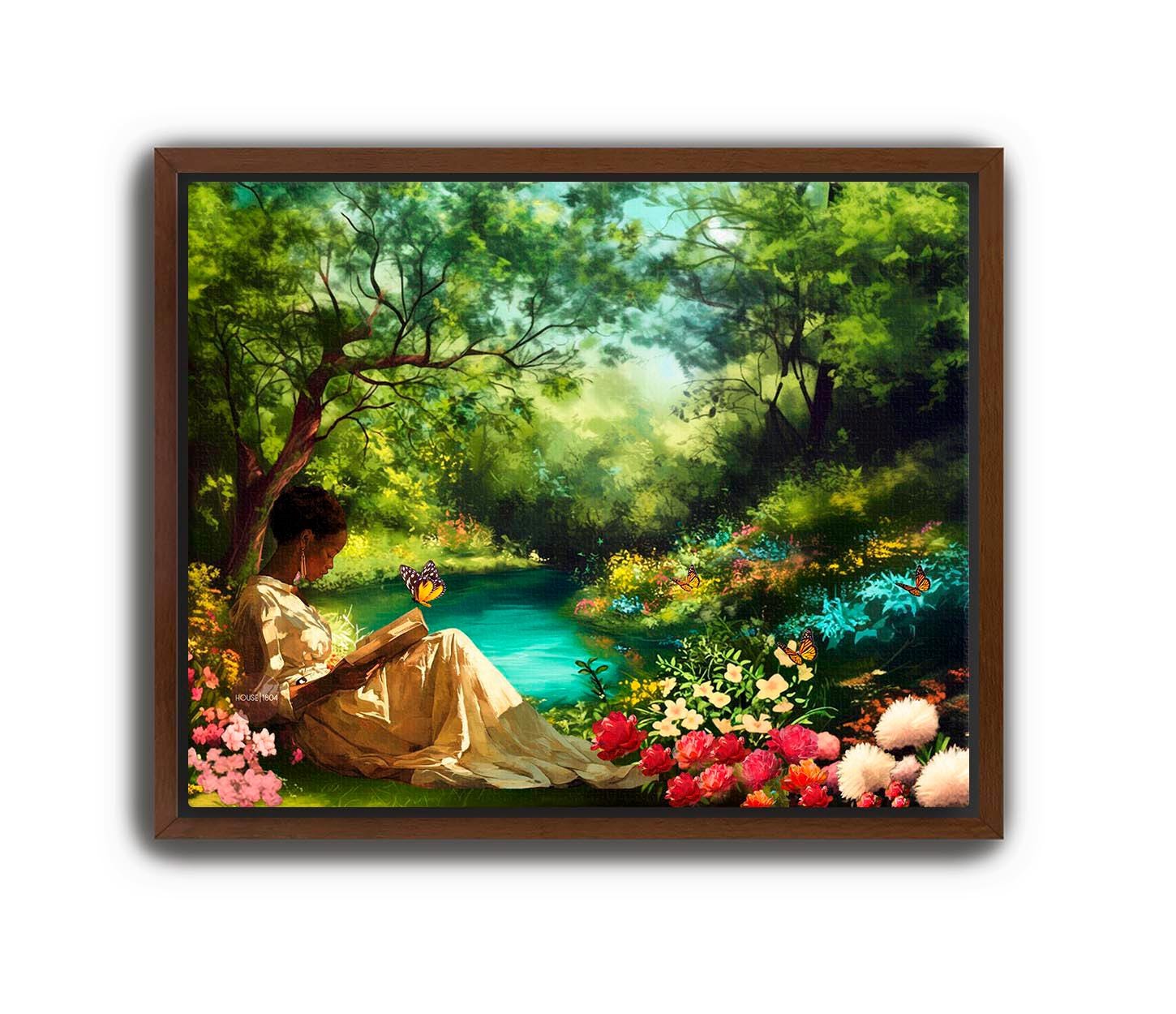 Black Woman Reading Book In Floral Garden Art Print: Vintage Garden Canvas