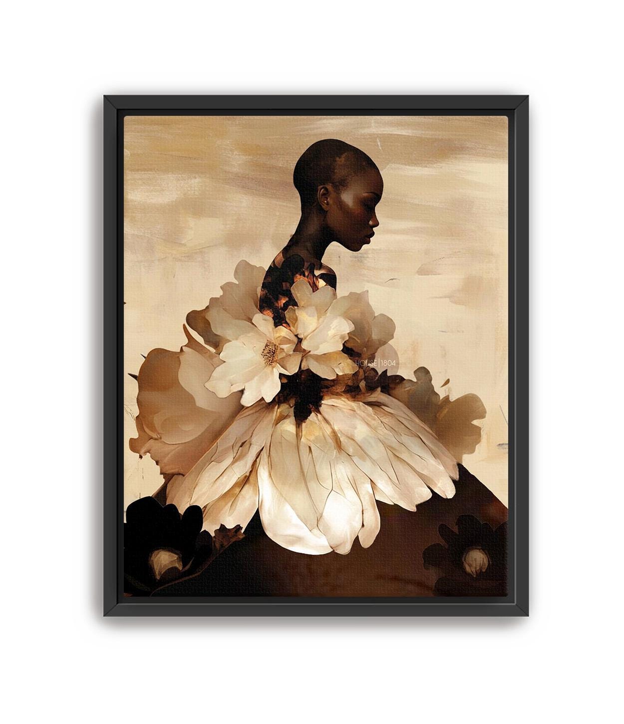 Abstract Black Woman Floral Art Print: Boho Home Decor