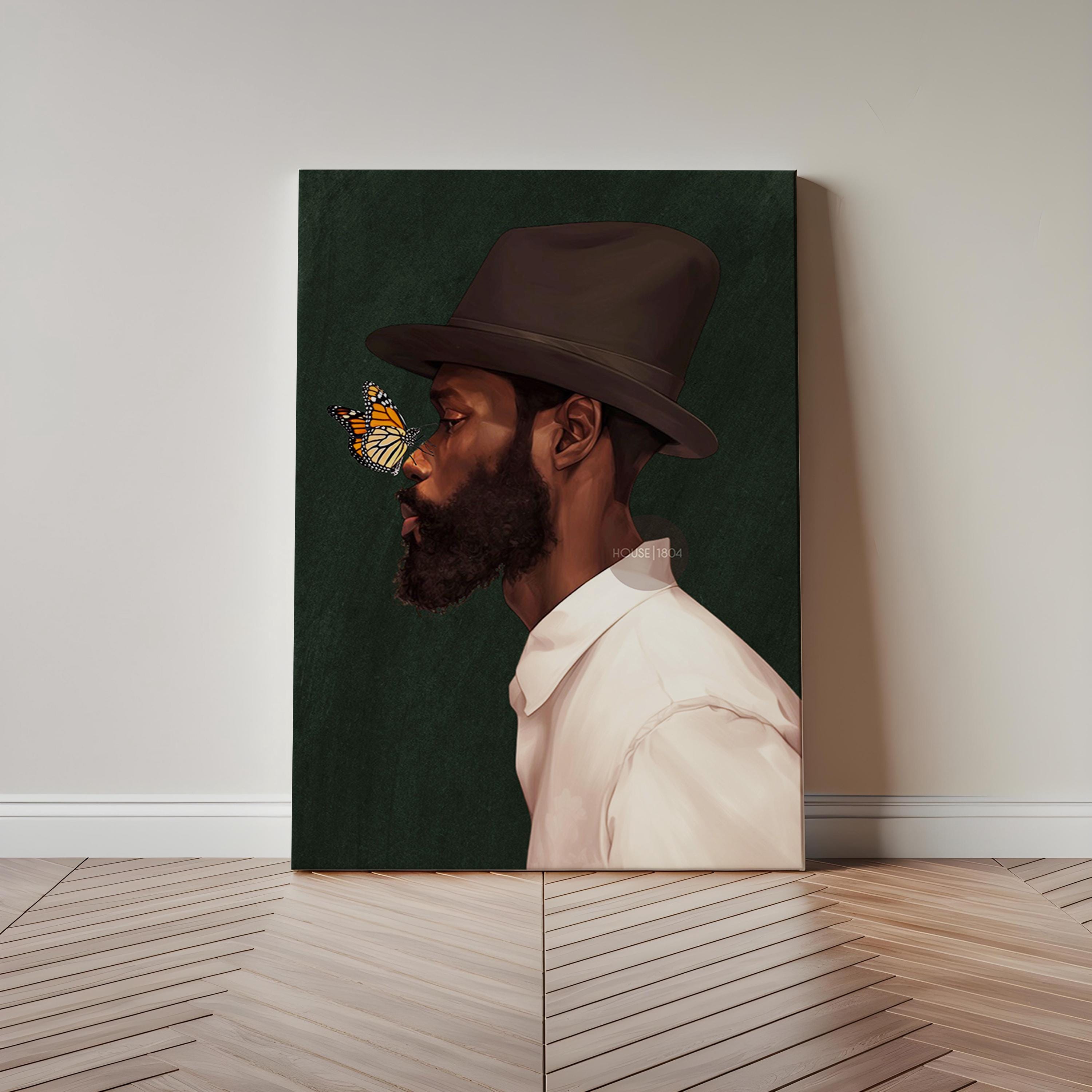 Black Man Side Top Hat Art Print: Butterfly, Afrocentric Green Art Decor