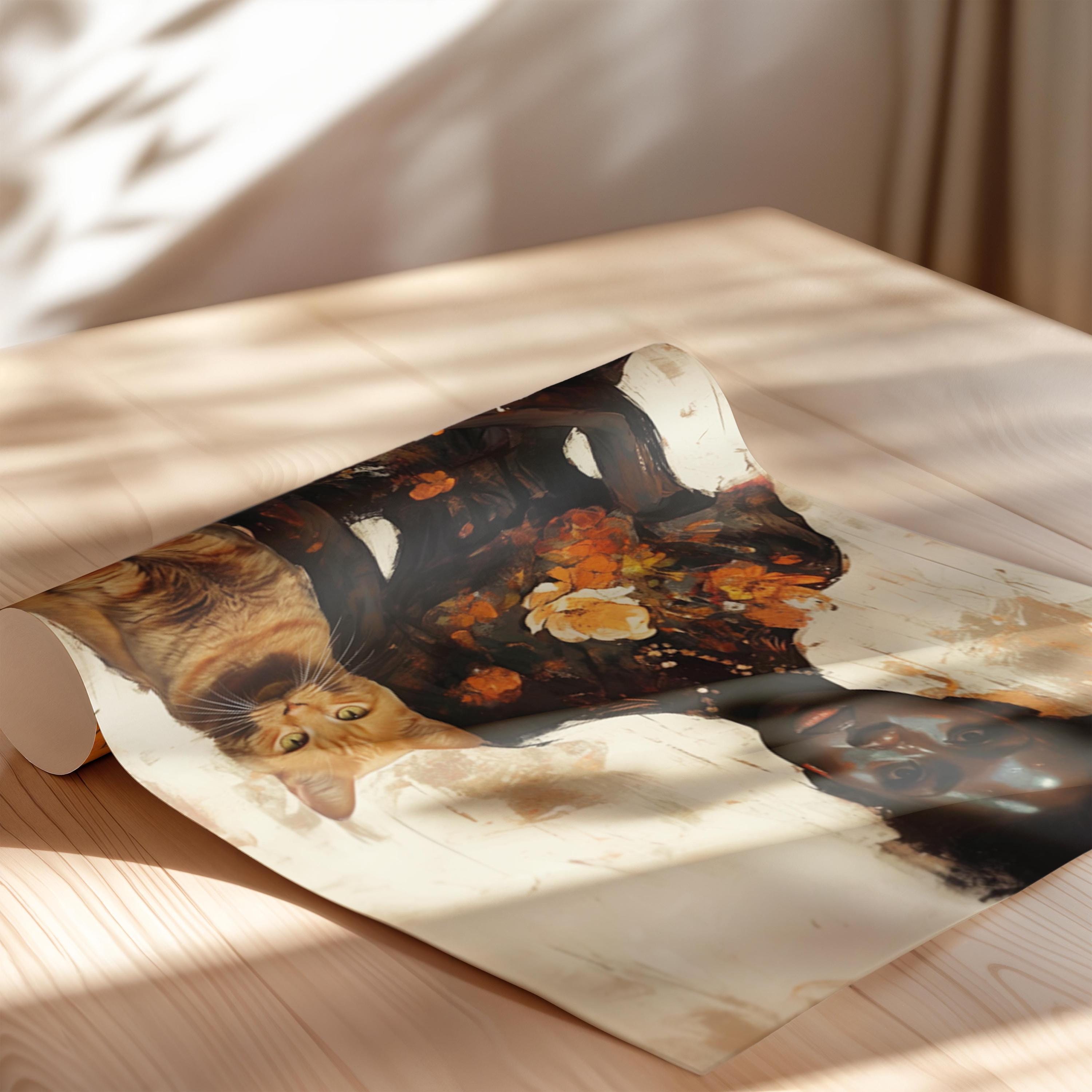 Abstract Black Woman Art, Black Woman Flower Art, Black Woman Cat Lady, Lady with Cat Art, Ginger Cat Art, Black People Pet, Orange Cat Lady