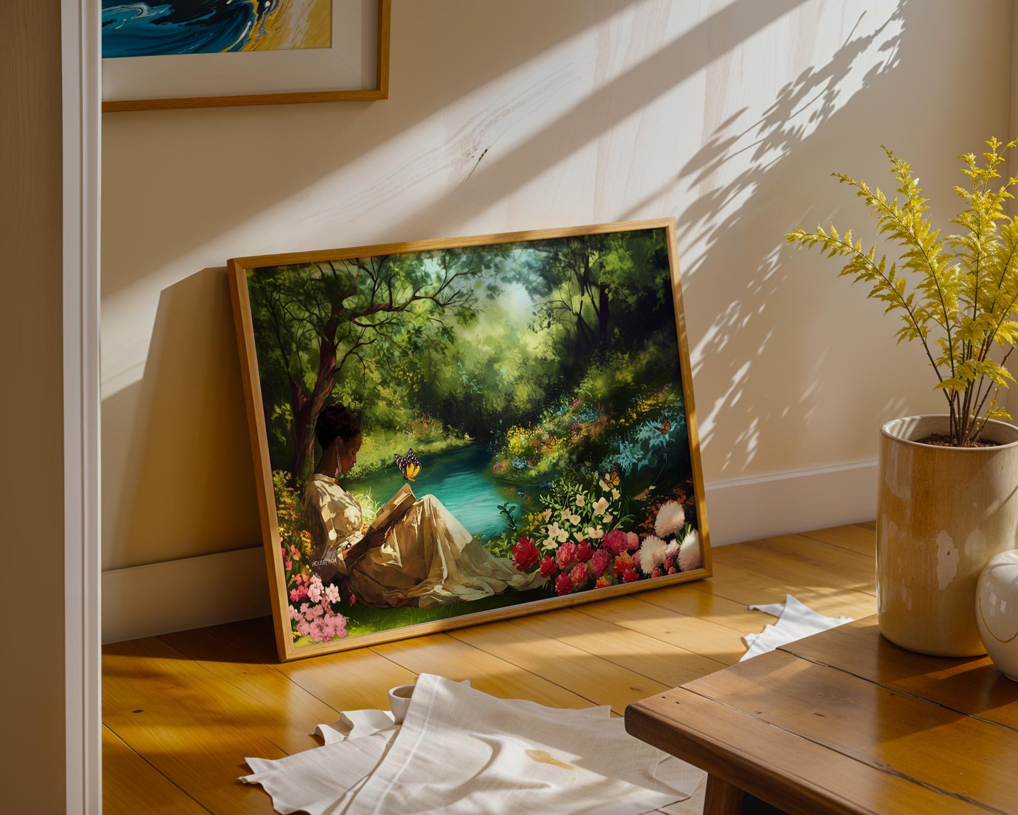 Black Woman Reading Book In Floral Garden Art Print: Vintage Garden Canvas