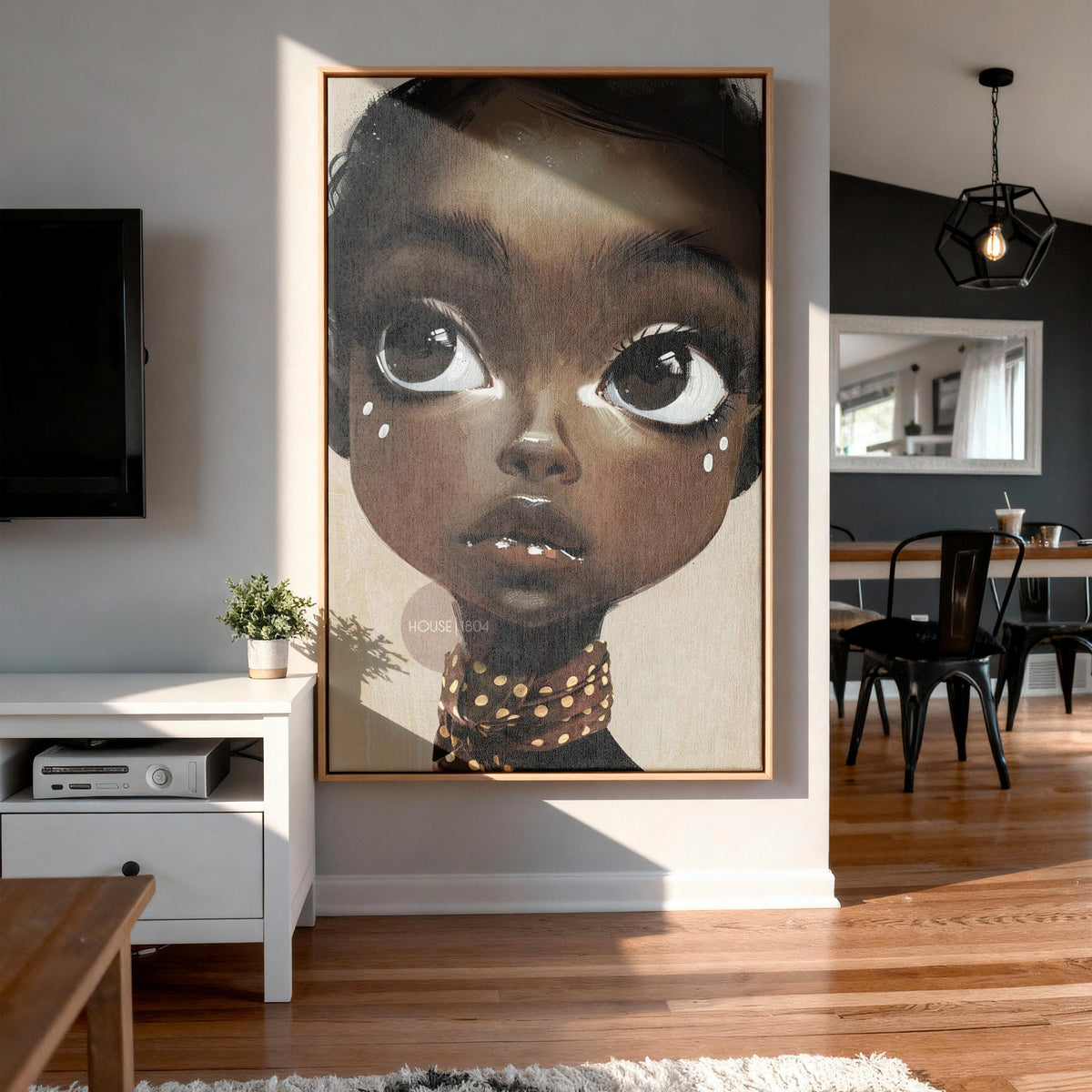 Black Girl Wall Art, Surreal Big Eye Portrait Print, Canvas Framed and Framed