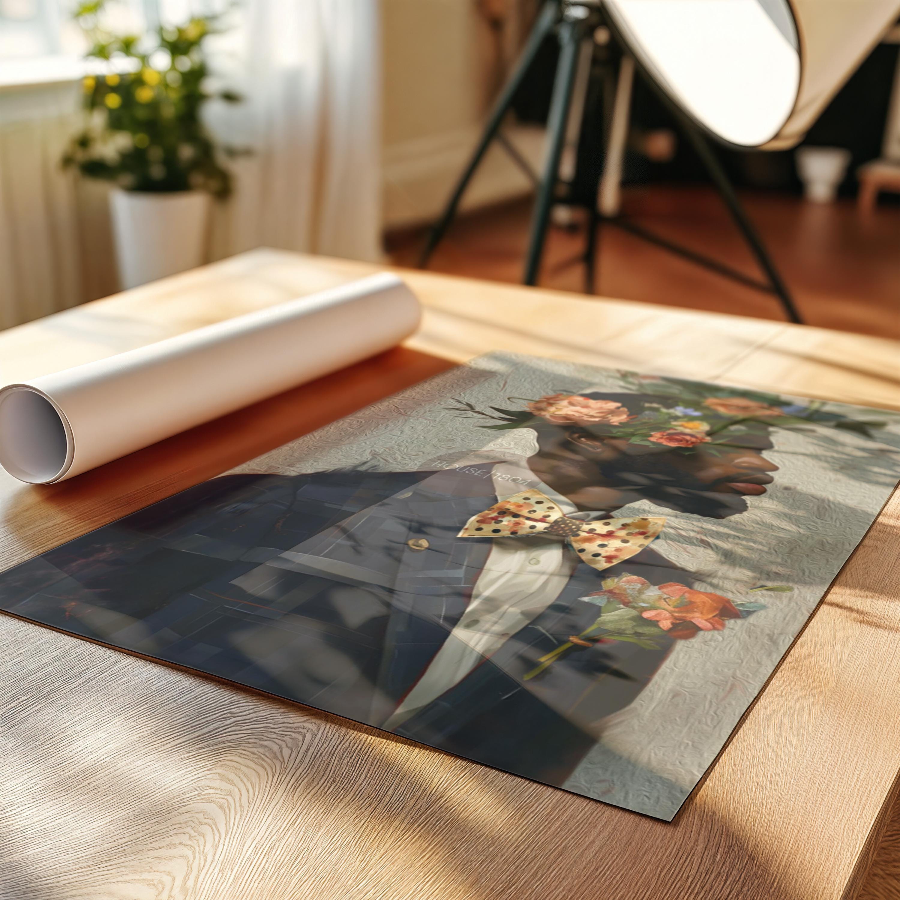 Black Man Suit Wall Art, Flower Beard Art, Vintage Portrait,