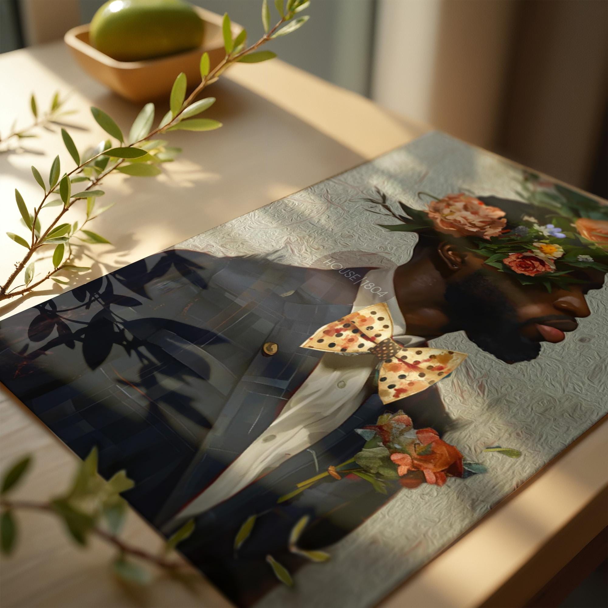 Black Man Suit Wall Art, Flower Beard Art, Vintage Portrait,