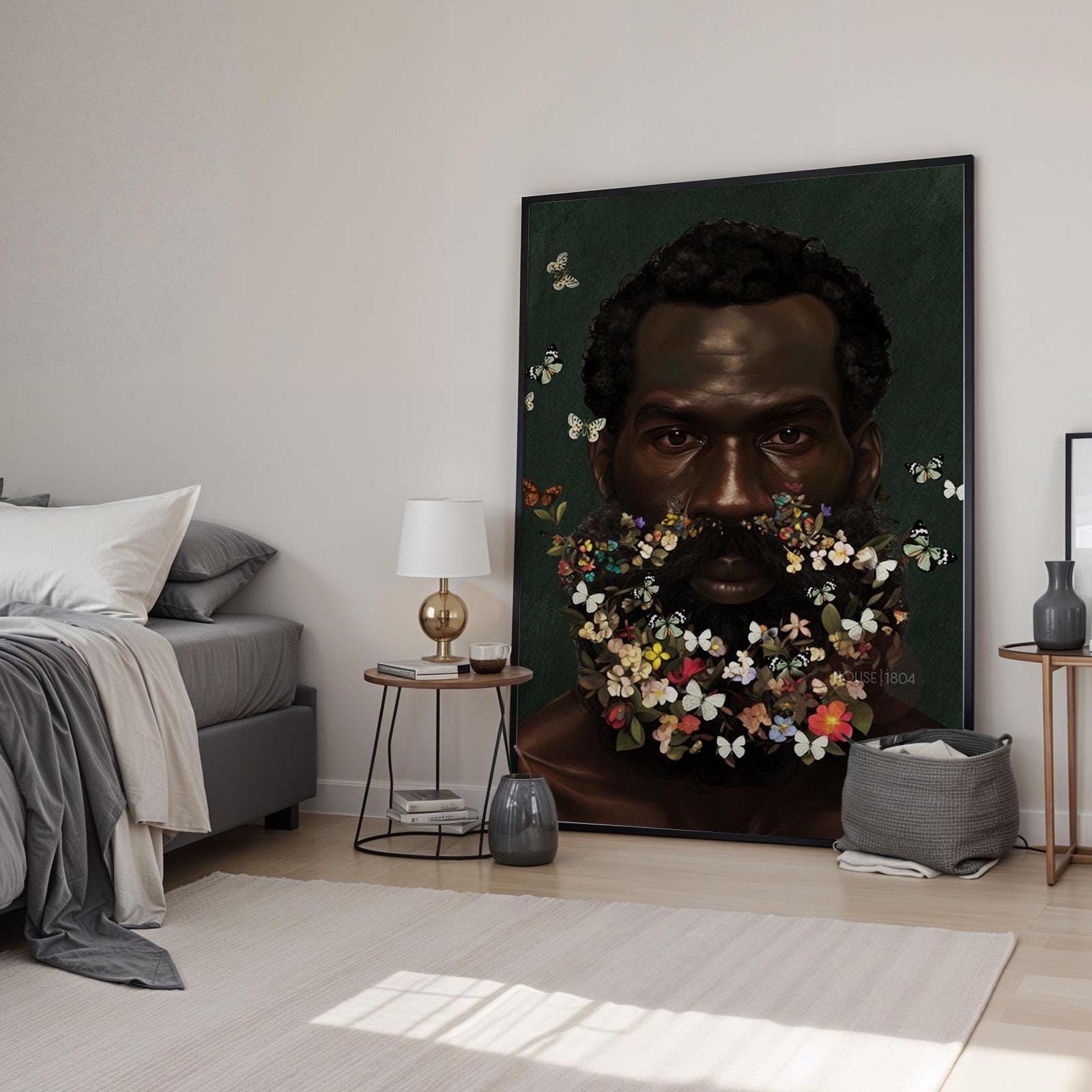 Floral Beard Art Print: Masculine Black Art, Melanin Home Decor