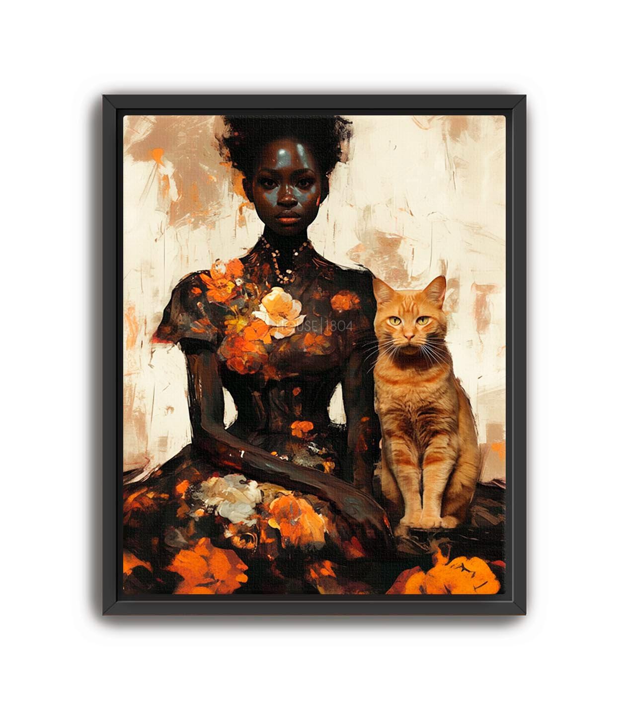 Abstract Black Woman Art, Black Woman Flower Art, Black Woman Cat Lady, Lady with Cat Art, Ginger Cat Art, Black People Pet, Orange Cat Lady