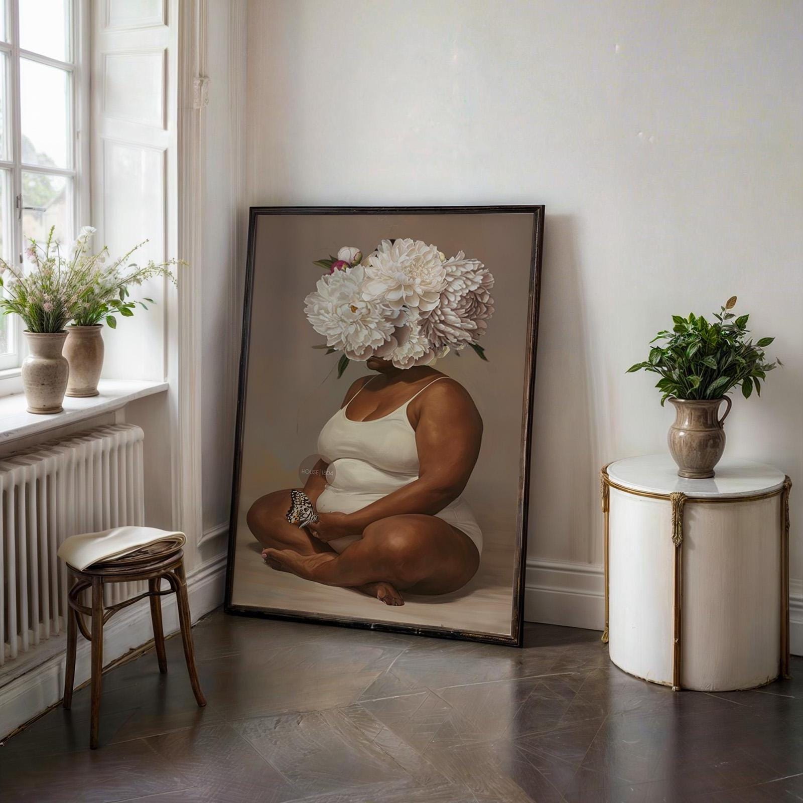 Curvy Black Woman Meditation Canvas: Flower Head Art, Positive Body Art Print